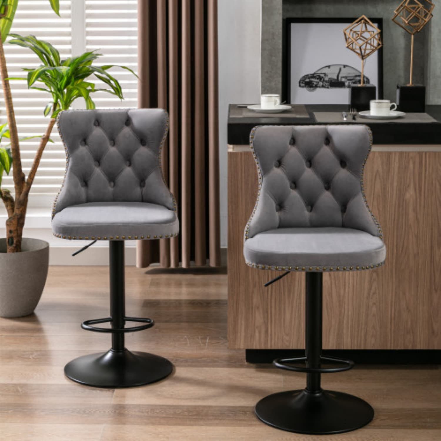 ANYSUN Barhocker 2er-Set, höhenverstellbar, mit Rückenlehne, Polster & Fußstütze (2er-Set), 360° drehbar, aus Samtstoff, bis 150 kg belastbar