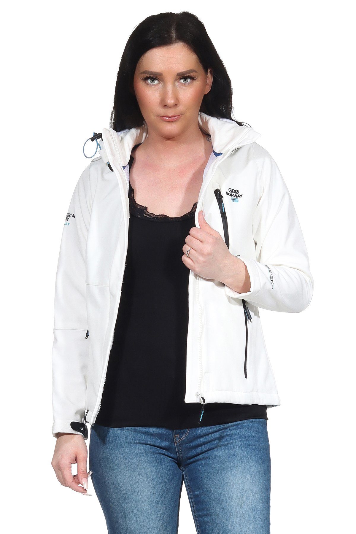 Geographical Norway Softshelljacke Damen Softshell Outdoor Wander Trekking Jacke in Unifarbe, mit abnehmbarer Kapuze, mit Stehkragen