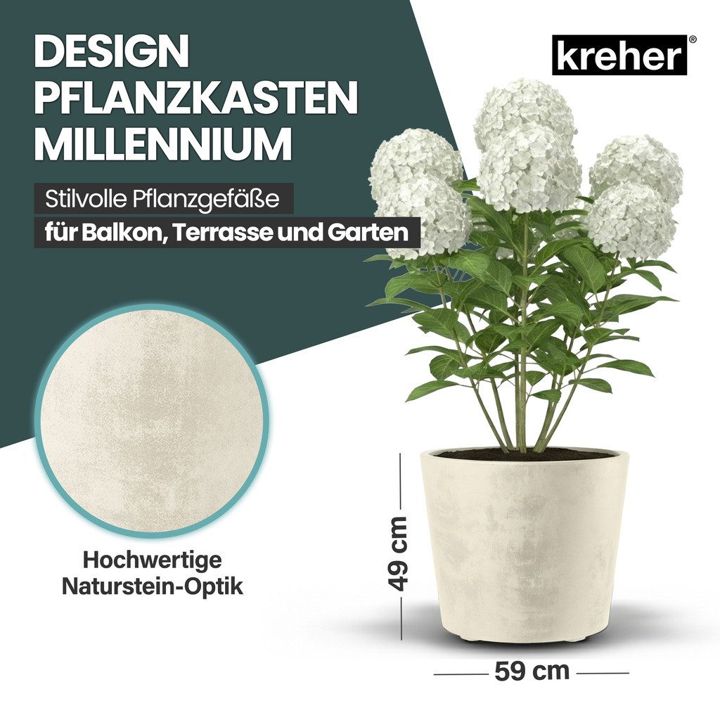 Kreher Pflanzkübel 'Millennium' in Naturstein Optik, 80 Liter, rollbar (Farbe wählbar)