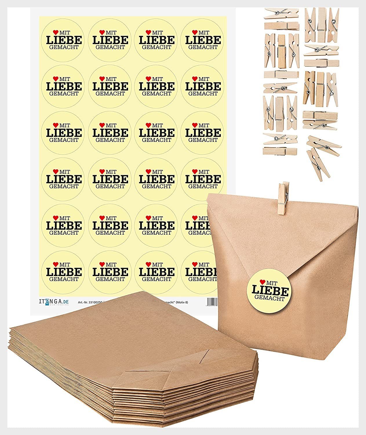 itenga Geschenkpapier SET mit Liebe Geschenktüten 2 24x MiniKlammer + + gemacht (Motiv8) 24x