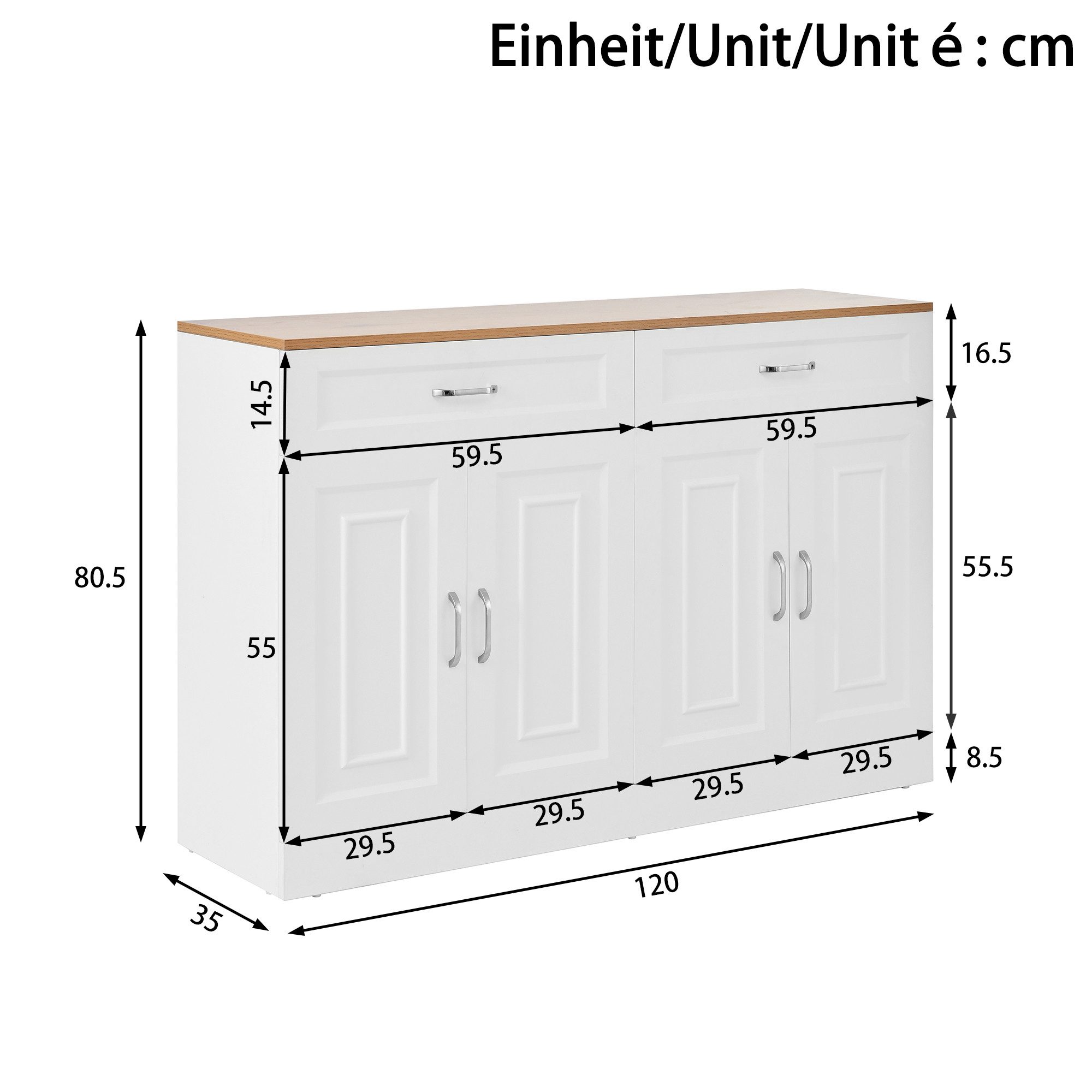 Merax Sideboard mit Soft-Close-System & natürlicher Holzmaserung (1 St., 120×35×80,5 cm), Kommode mit 4 Türen, 2 Schubladen & verstellbaren Einlegeböden