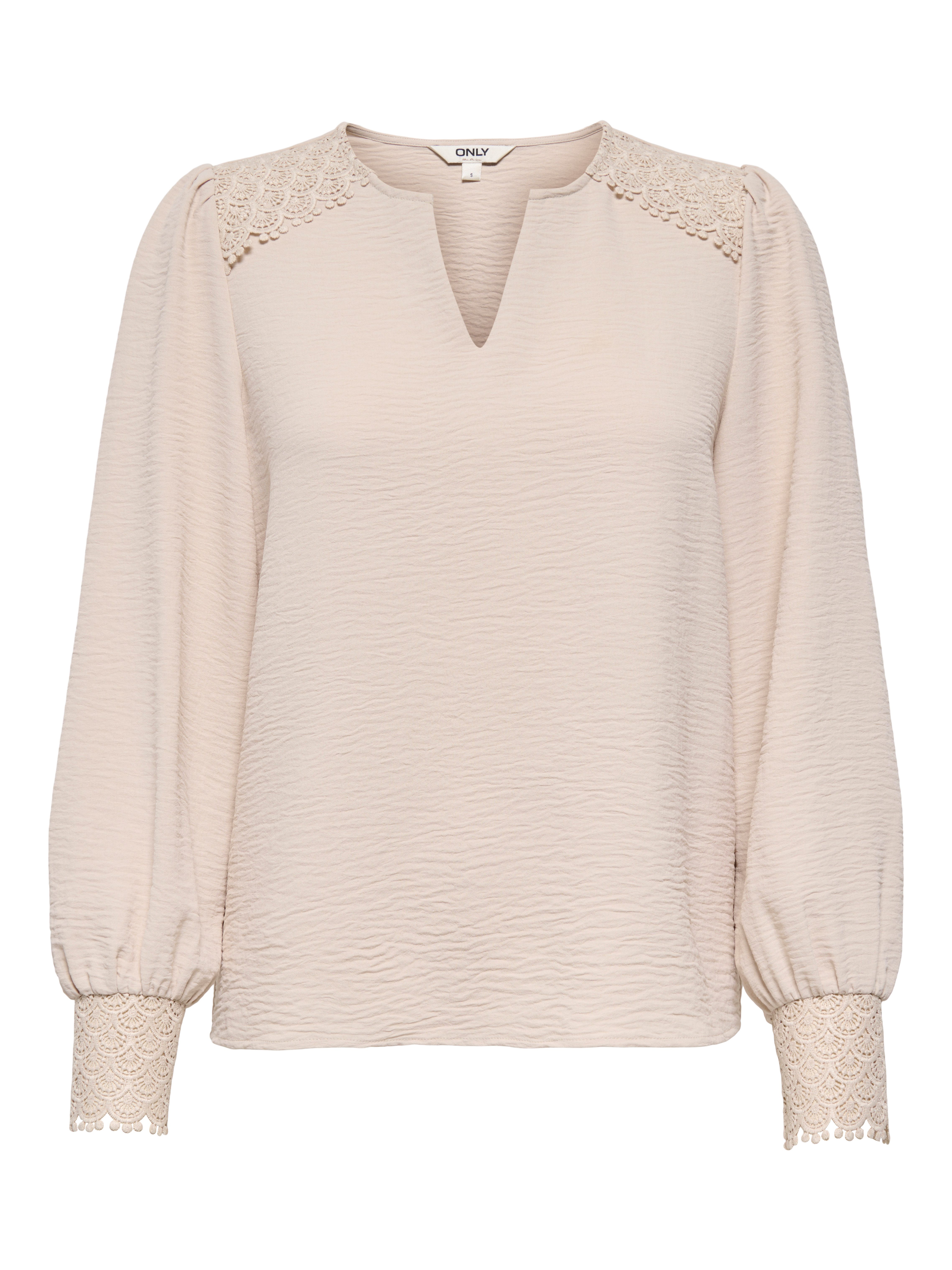 ONLY Langarmbluse ONLCERENA METTE L/S LACE VNECK TOP WVN Kunstfaser, regular fit, V-Ausschnitt