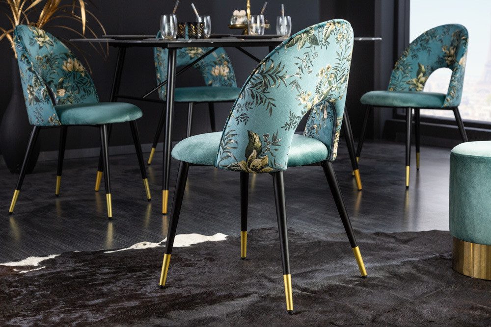 riess-ambiente Esszimmerstuhl PRÊT-À-PORTER türkis – Samt, florales Muster, goldene Fußkappen (Einzelartikel, 1 St), Retro-Stuhl mit Glamour-Effekt – ideal für  – Bild 3 von 5