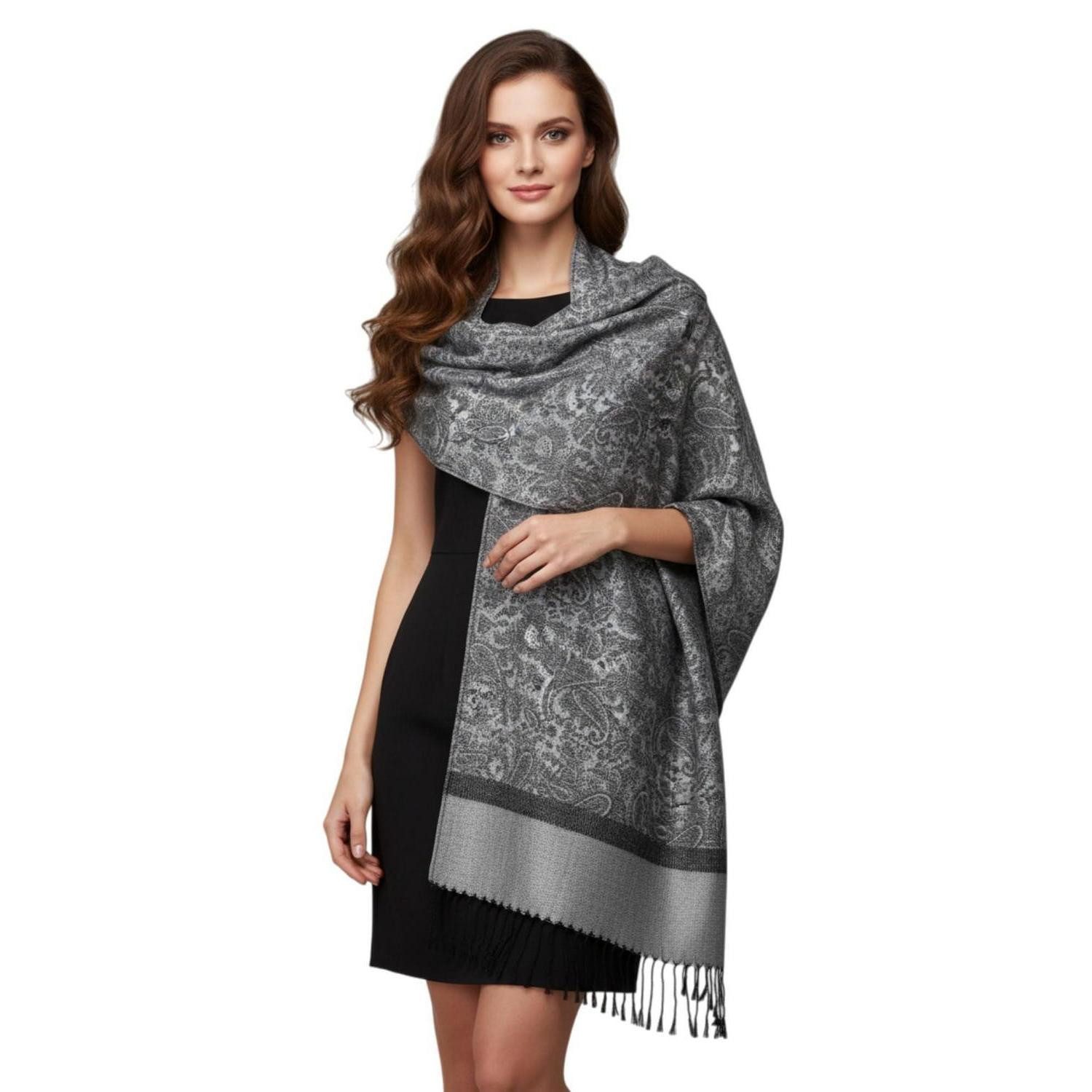 LuxusKollektion Hamamtuch Pashmina Jacquard Wickeltuch Paisley Schwarz-grau, (1-St)