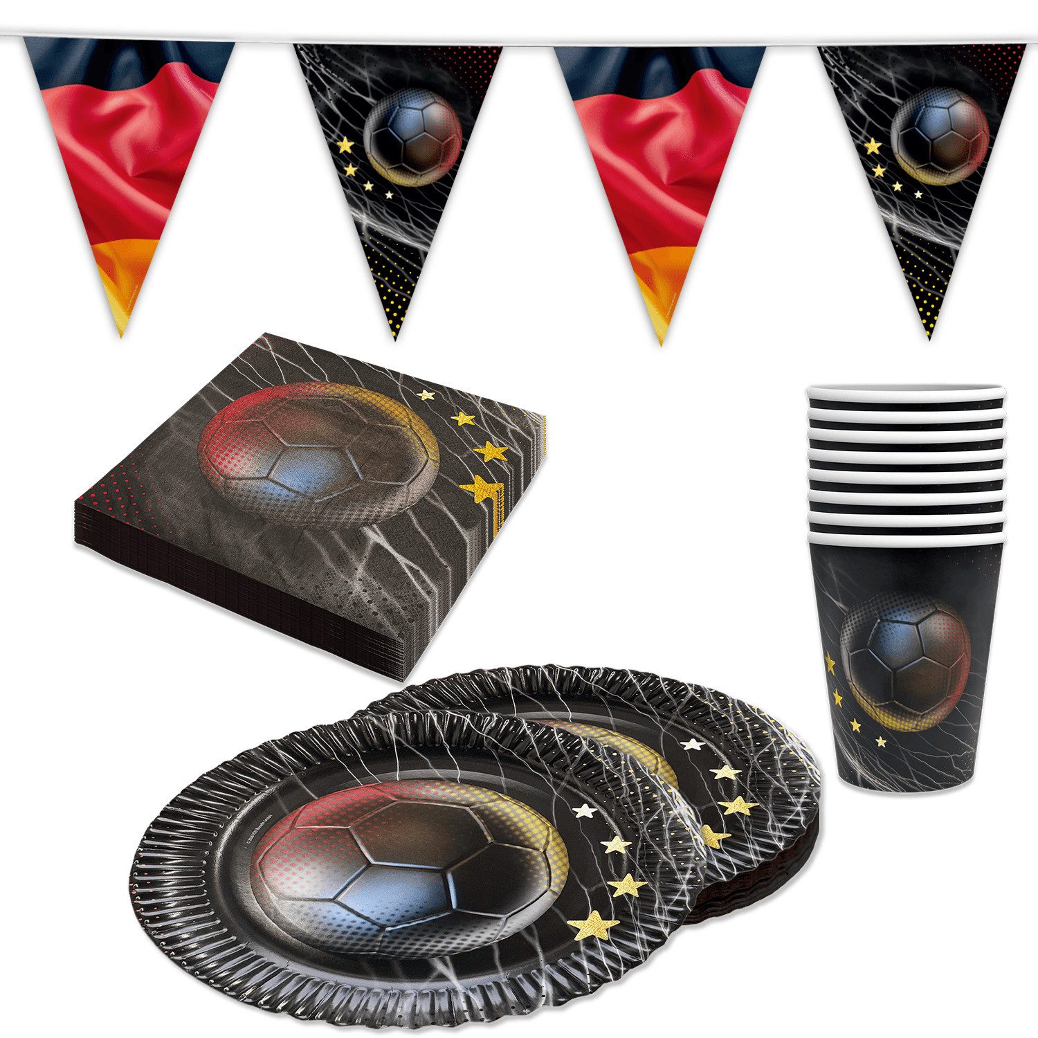 Party Factory Dekoteller Fußball WM Set Deutschland 37-tlg -Teller Becher Serviette Wimpelkette
