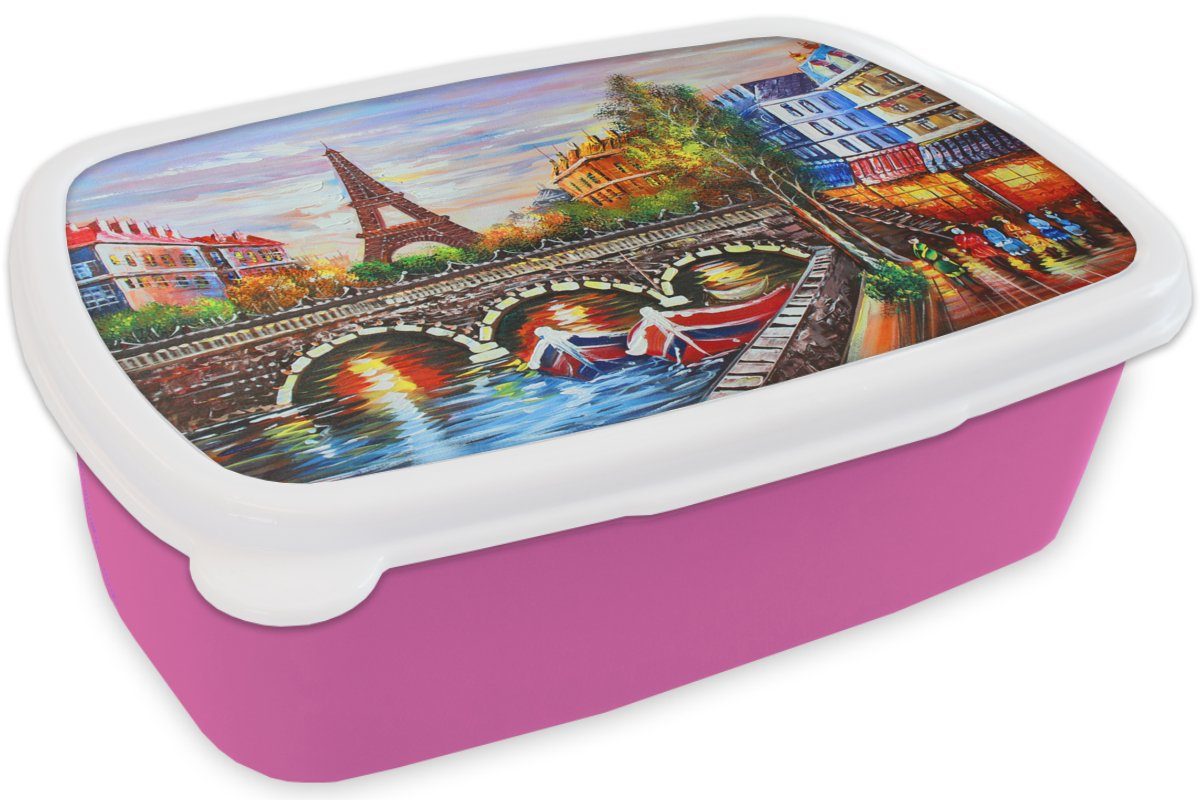 MuchoWow Lunchbox Gemälde - - Kinder, Brotbox Kunststoff, (2-tlg), Wasser, Mädchen, Erwachsene, Eiffelturm rosa Brotdose für Öl - - Snackbox, Kunststoff Paris