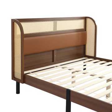 IDEASY Holzbett Rattan-Doppelbett, 160 x 200 cm, Mittelstange, gebogenes Kopfteil, Bodenfreiheit 20,5 cm, maximale Belastbarkeit 200 kg