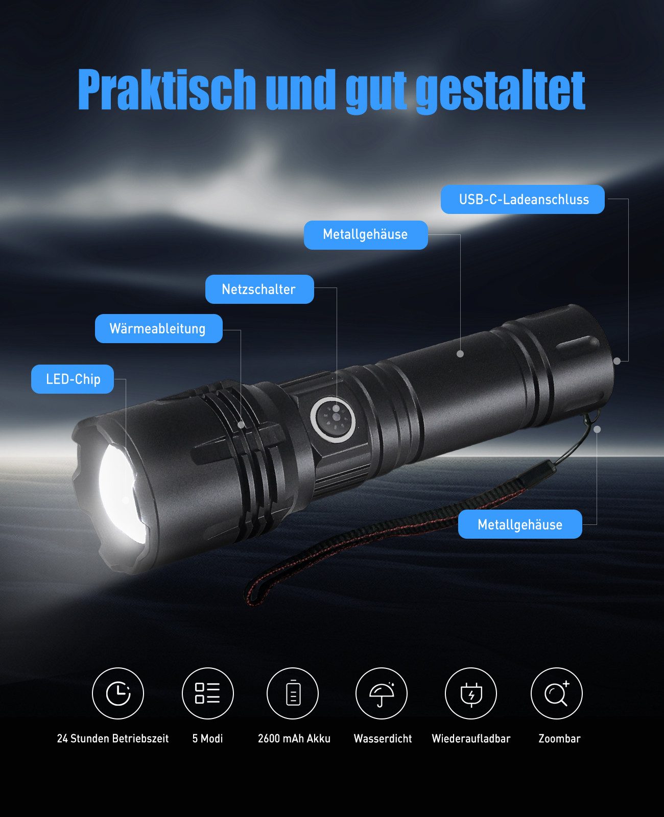 Quntis LED Taschenlampe mit starkem licht, campinglampe, taschenlampe mit akku, Camping Licht (1-St), Zoombare taschenlampe, 5 Lichtmodi für Wandern, Outdoor Campingzubehör
