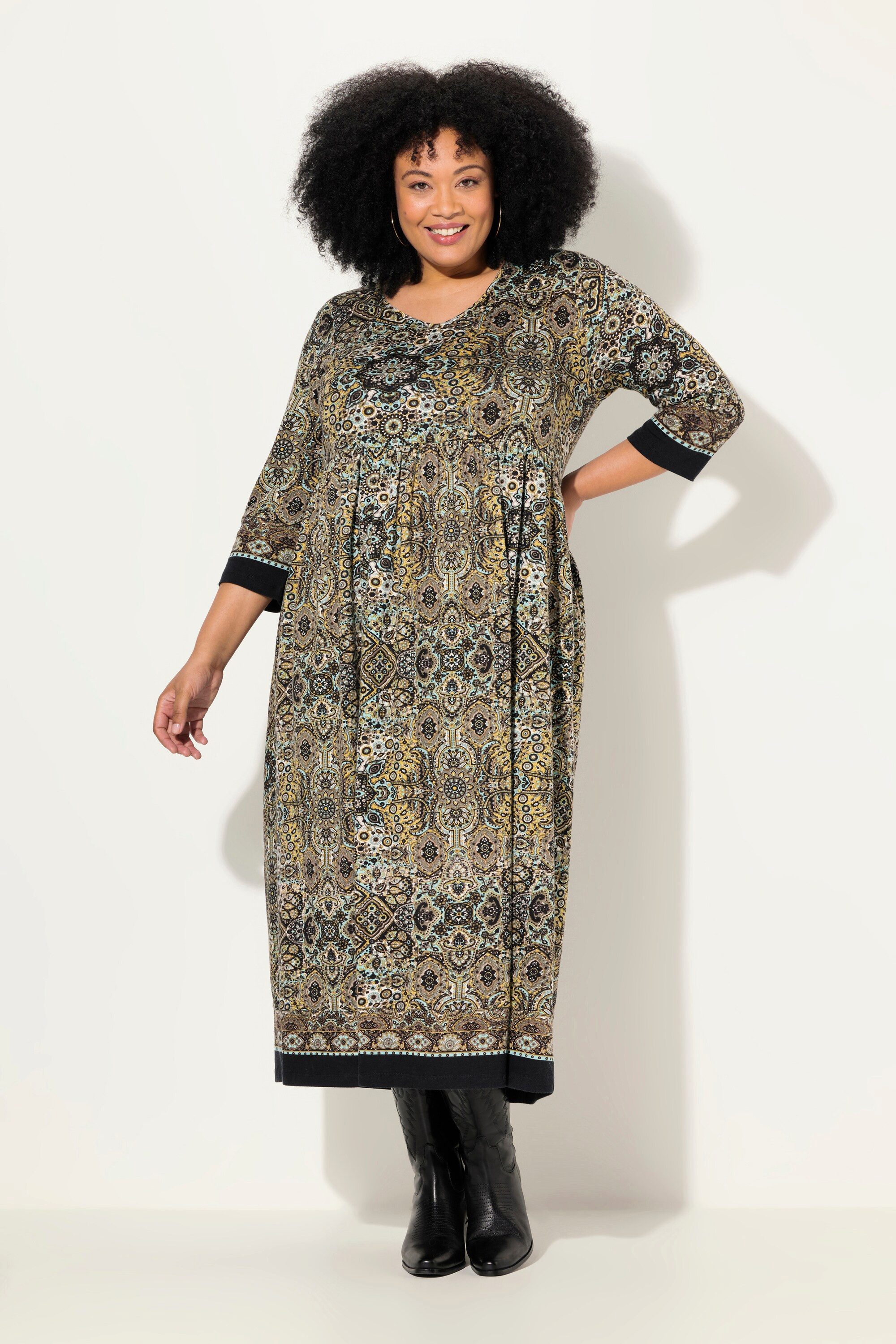 Maxikleid Jerseykleid Paisley A-Linie Tunika-Ausschnitt