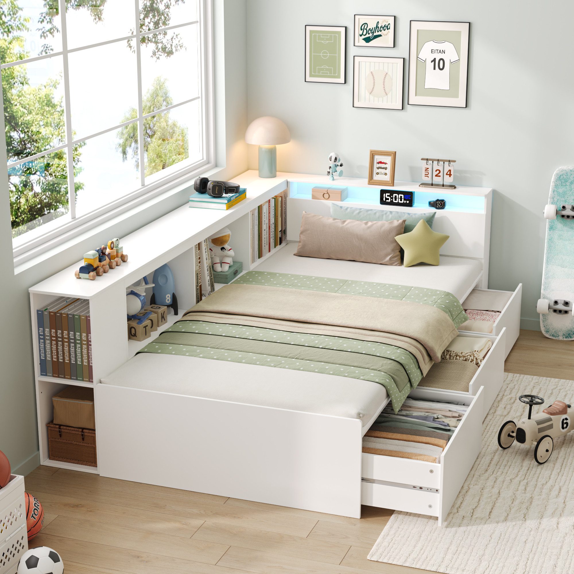 Homfa Kinderbett Holzbett 90x200 Jugendbett Einzelbett, Stauraumbett mit LED, mit Schubladen & Bücherregal & Staufächer