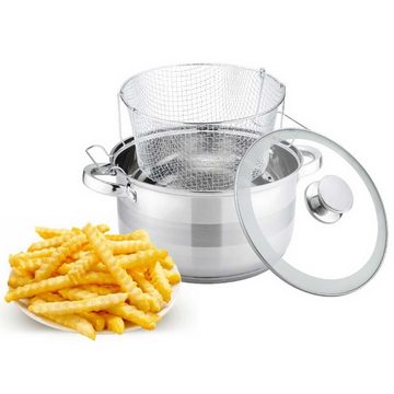 4BIG.fun Kochtopf Frittiertopf 6,5 L Edelstahl Induktion Pommestopf, (mit Nudelsieb und Glasdeckel)