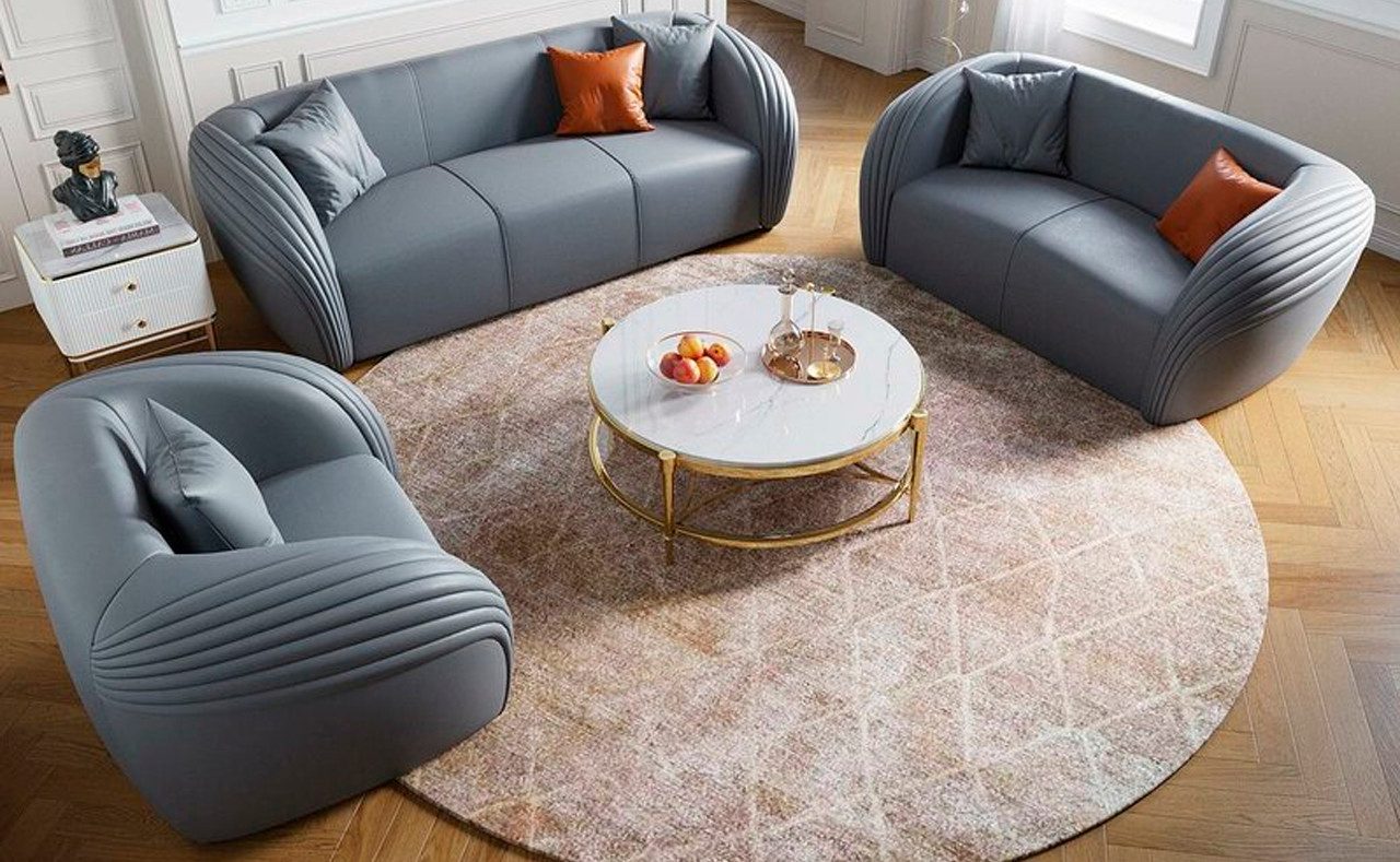 Xlmoebel Polstergarnitur Graue Leder-Couch mit eleganter Formgebung, (3+2+2 Sitzer, 3-tlg., 3+2+2 Sitzer), Hergestellt in Europa