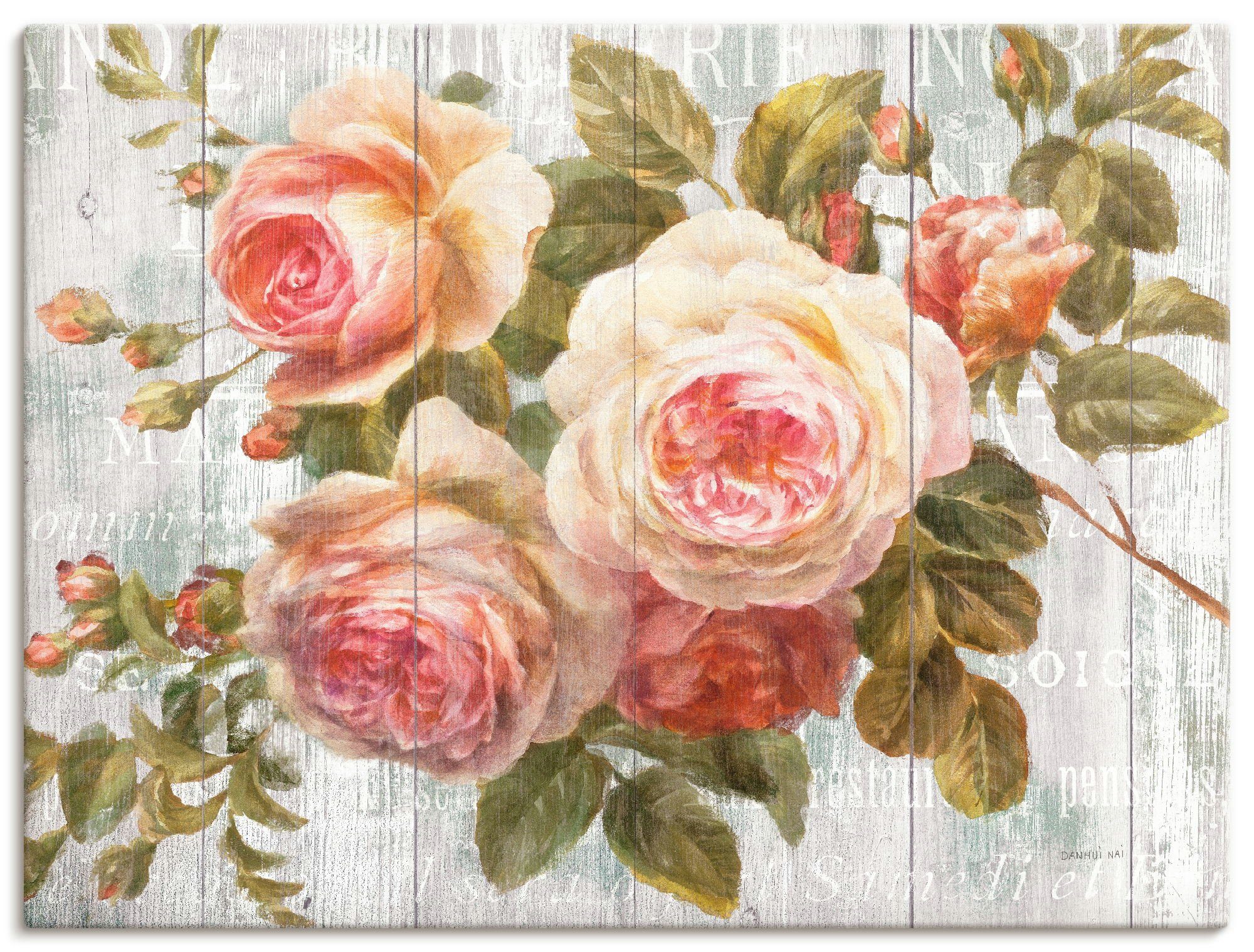Artland Wandbild Vintage Rosen auf Holz, Blumen (1 St), als Leinwandbild, Poster in verschied. Größen