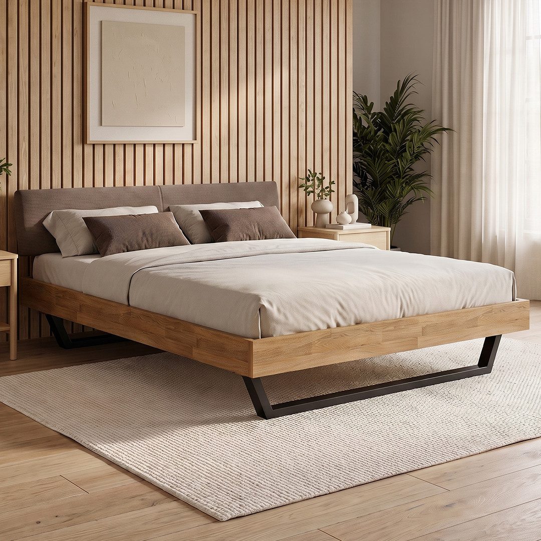 skølm Massivholzbett Alver aus Eiche mit Cord-Kopfteil, geöltes Bettgestell, 180x200 cm, Kopfteil dunkelbraun, verfügbar in 140/180 x 200 cm