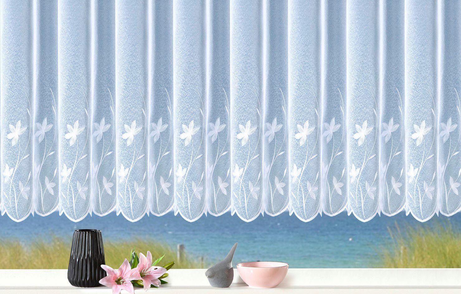 Weckbrodt Gardine Florenz (1 St), Kräuselband, halbtransparent, Sablé, echte Stickerei, Sablè, Bordüre, Kante, floral, geblümt, Store – Bild 2 von 4