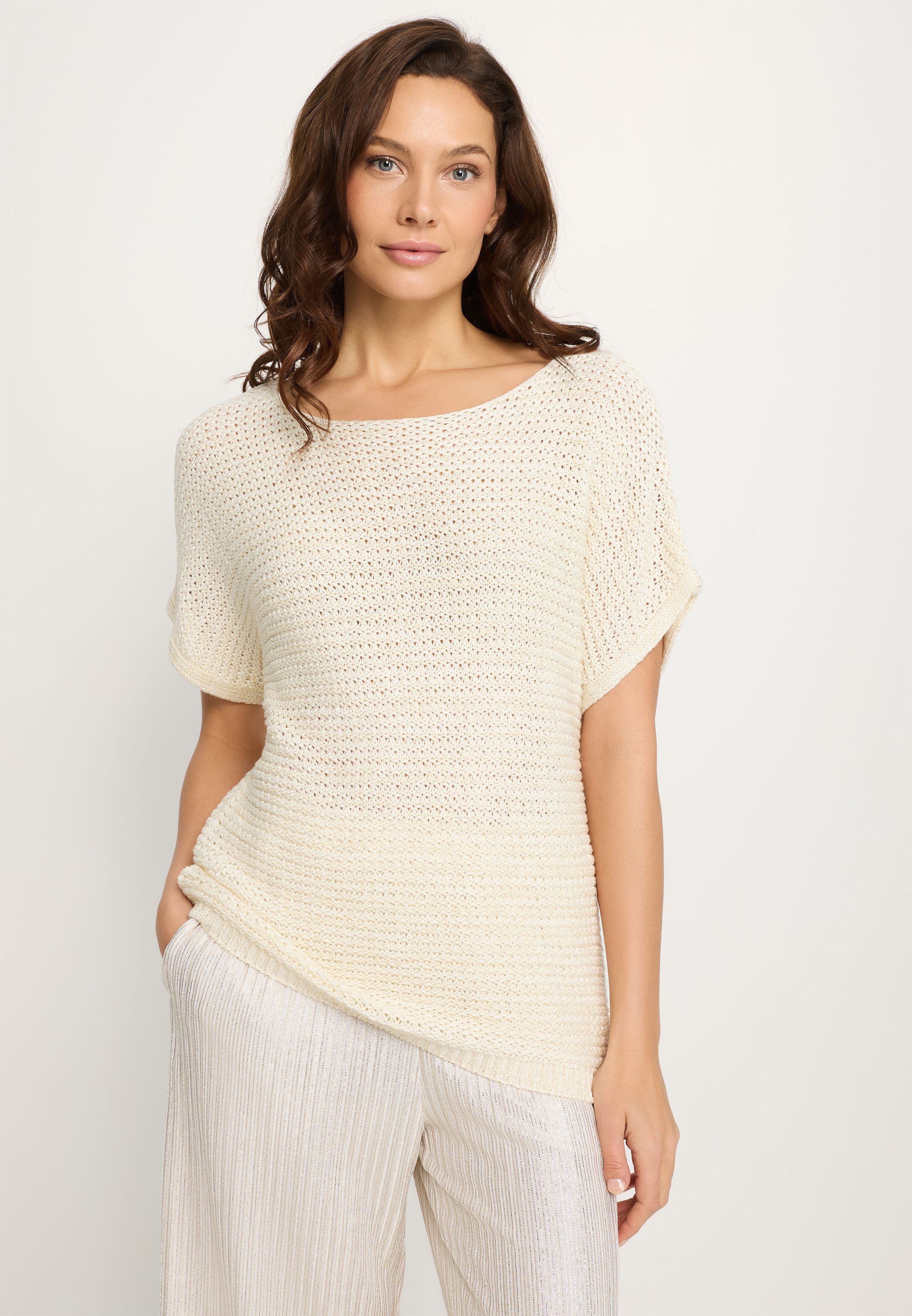 LASCANA Kurzarmpullover in luftigem Ajourstrick, leichter Sommerpullover, Metallic-Effekt