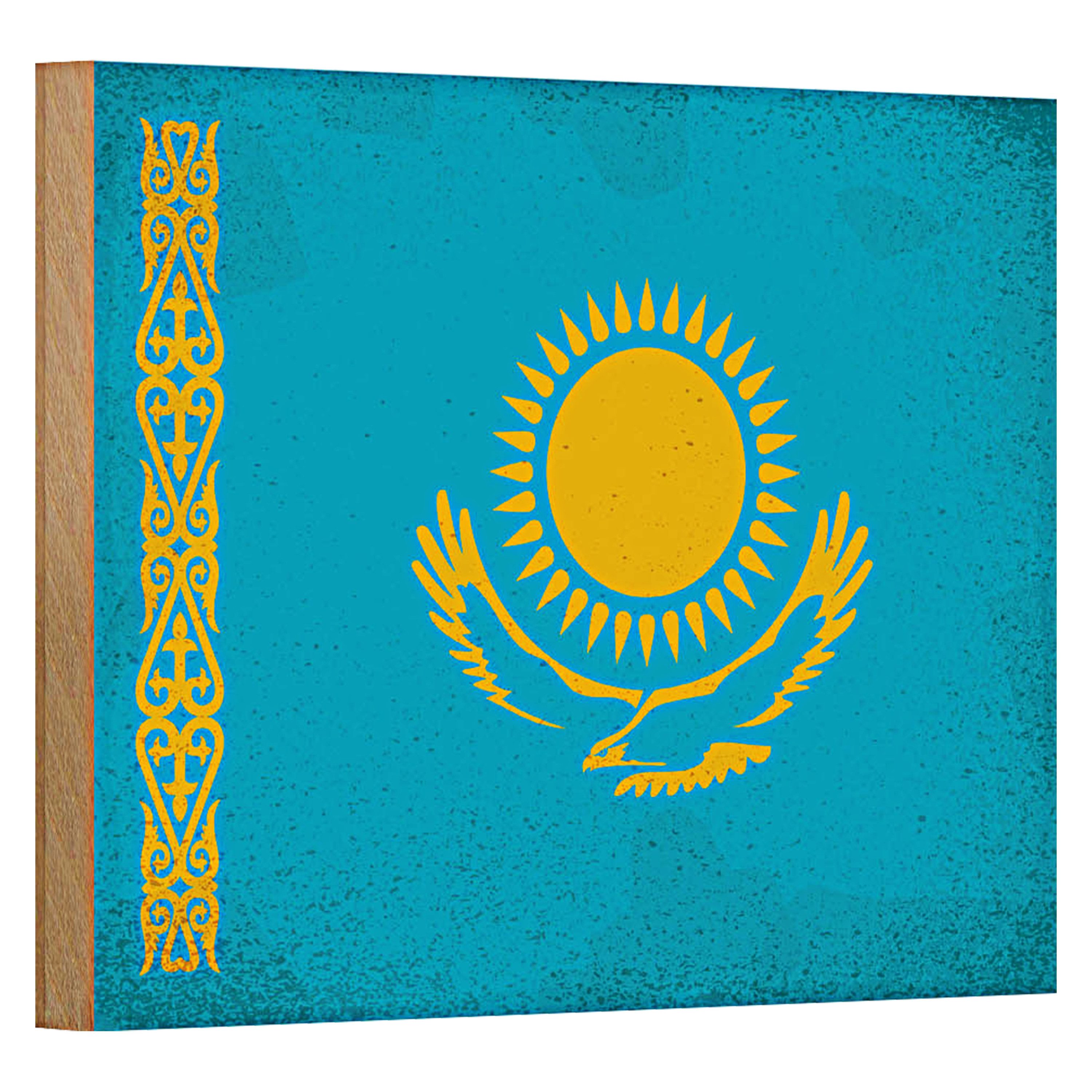 Roomando Holzbild Flagge Kasachstan 18x12cm Kazakhstan Vintage
