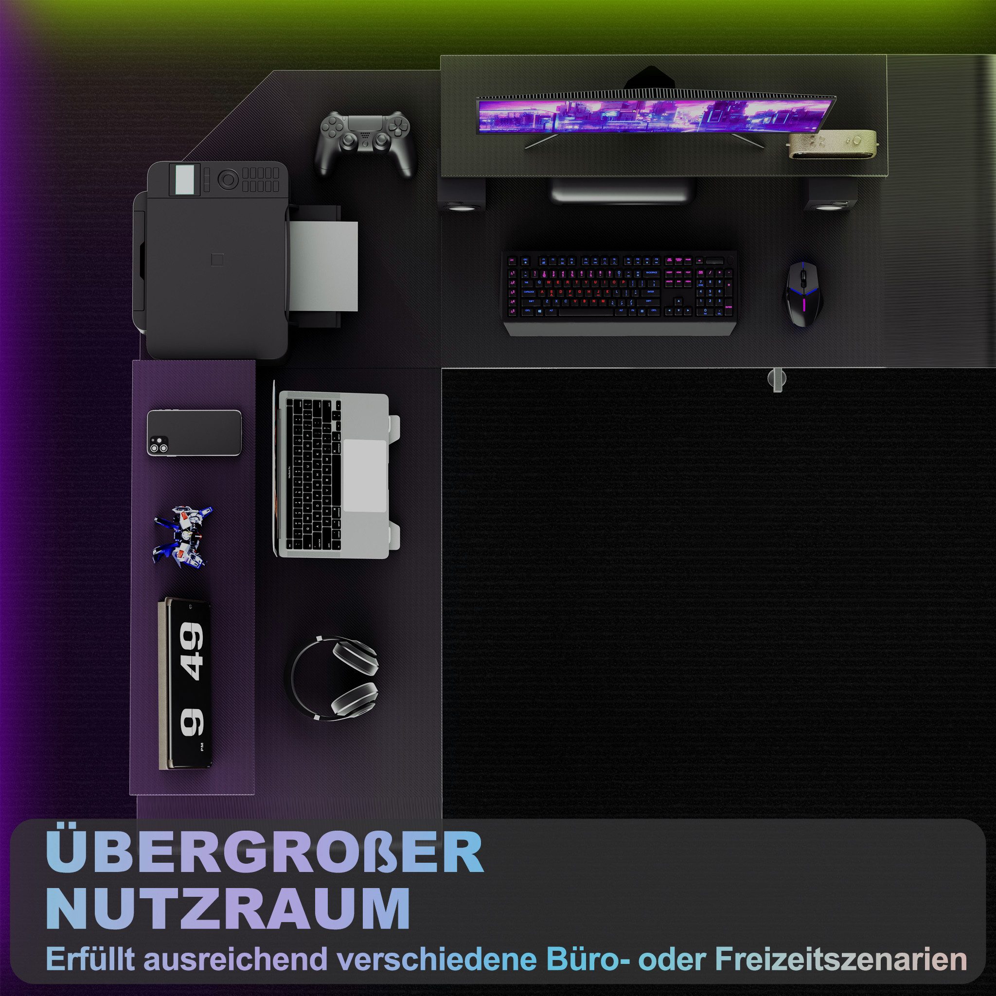 FIVMEN Schreibtisch Computertisch Gaming Tisch L-Frame PC Schreibtisch mit Tischplatte (1 Tisch), Gaming Schreibtisch inkl. Schwarze Kohlefaser für zu Hause/Büro