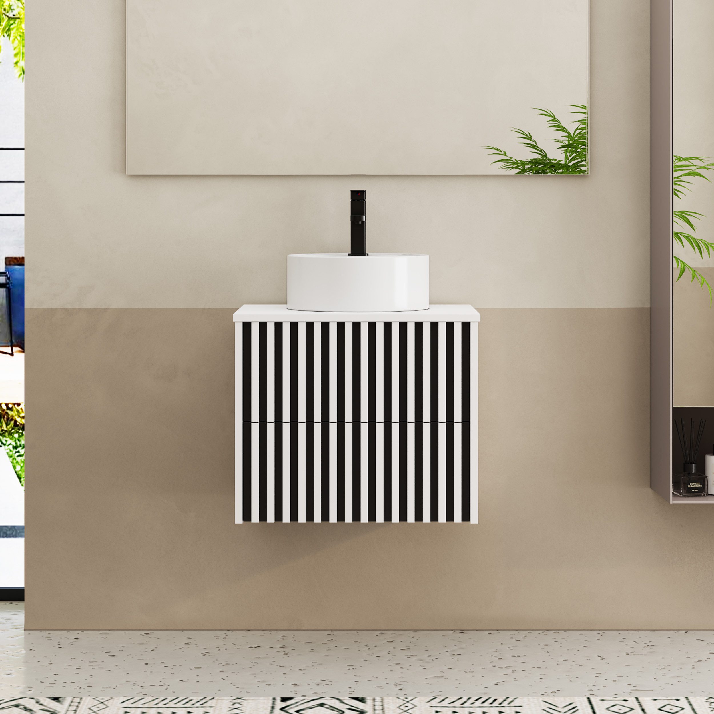 UEV Waschtisch mit Unterschrank hängend Rundes Keramikwaschbecken (Komplett-Set Badmöbel, Badezimmmer Schrank, mit Wasserhahn und Pop-up-Ablassventil Aufsatz-Waschbecken), Soft-close Schubladen,Waschbeckenunterschrank mit 2 Schubladen