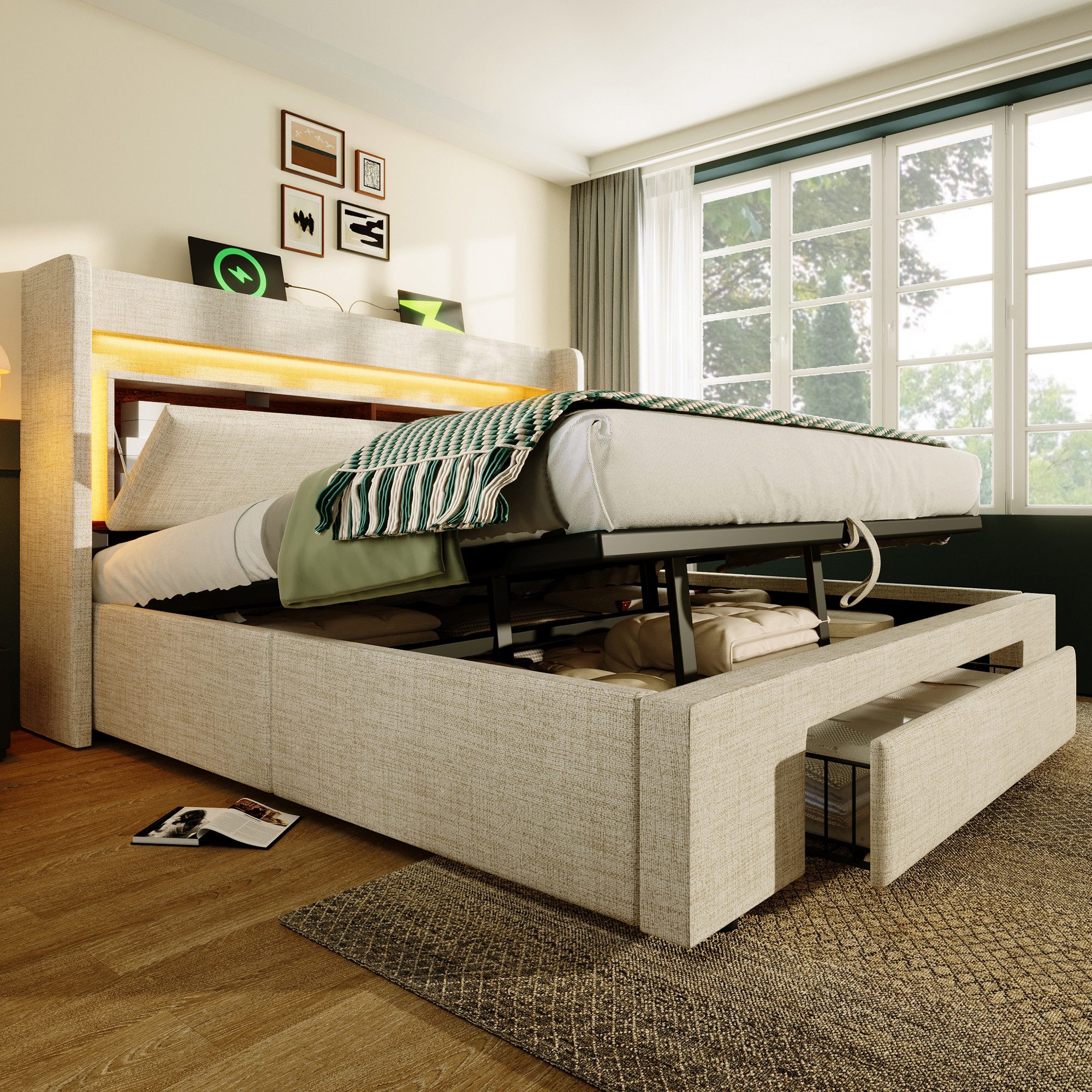 STILVORA Polsterbett 180x200 mit Stauraum Funtionbett Bettgestell mit LED und Anschluss (Funktionsbett, 1-tlg., Kopfteil mit Aufbewahrungsfach, Holzlatten-Bettgestell), LED-Beleuchtung sowie USB & USB-C Anschluss( ohne Matratze )