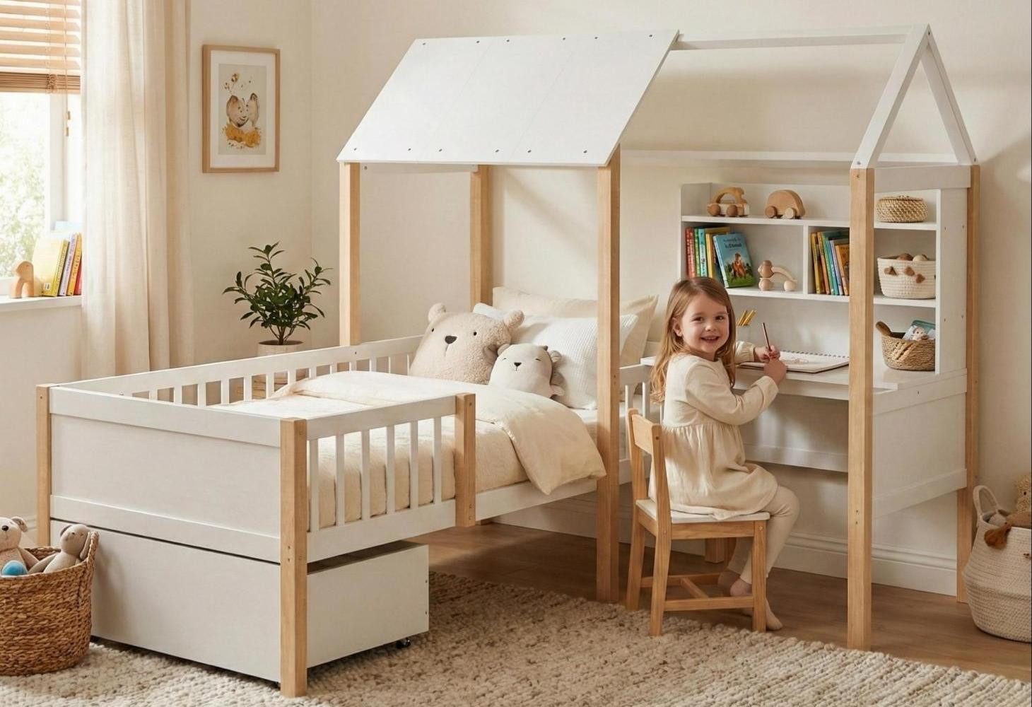 Hausbett 90x200,Schreibtisch,Schubladen mit Rollen,Rausfallschutz & Lattenrost