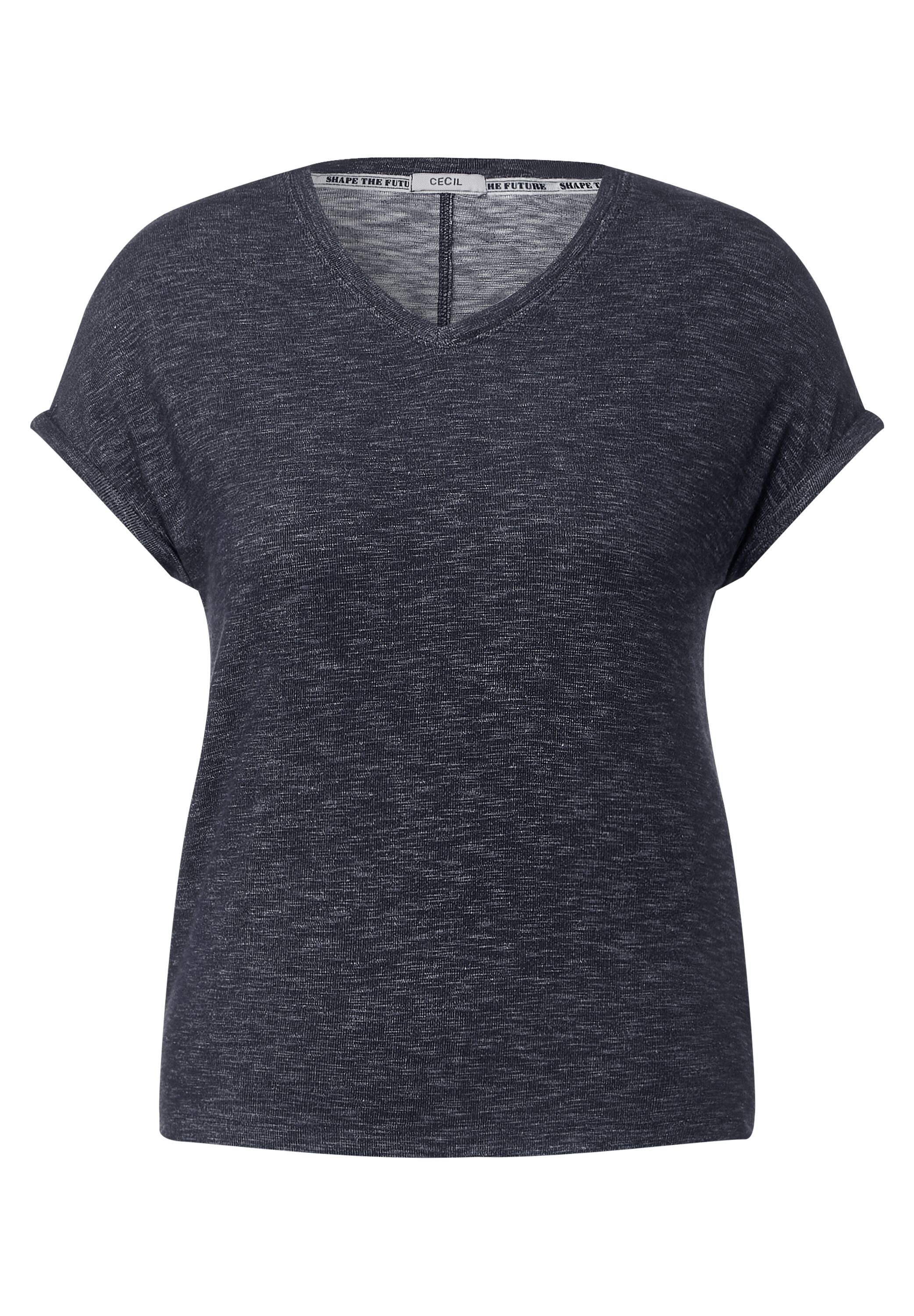 Cecil T-Shirt deep V-Ausschnitt blue abgerundetem mit melange