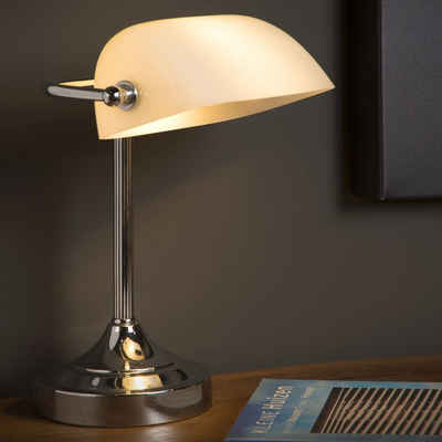 click-licht Tischleuchte Schreibtischlampe Banker mit weißem Glas, E14, keine Angabe, Leuchtmittel enthalten: Nein, warmweiss, Tischleuchte, Nachttischlampe, Tischlampe