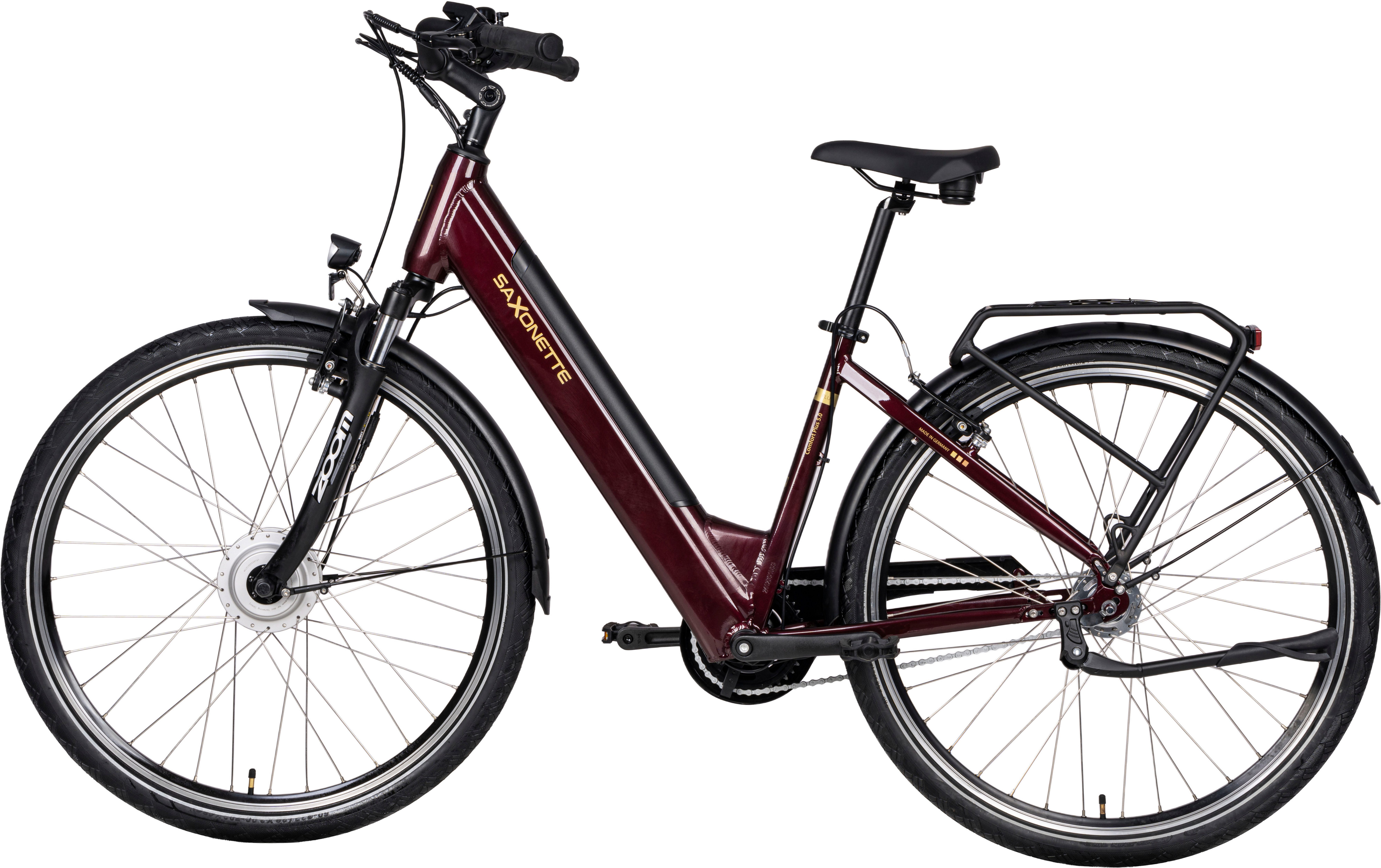 SAXONETTE E-Bike Cityrad SAXONETTE Comfort Plus 5.0 E-Bike Damen 28 Zoll, 7 Gang Shimano Nexus 7 Gänge Schaltwerk, Nabenschaltung, Frontmotor, 468 Wh, (Packung), (mit integr. Akku), Elektrofahrrad für Alltag und Einkauf
