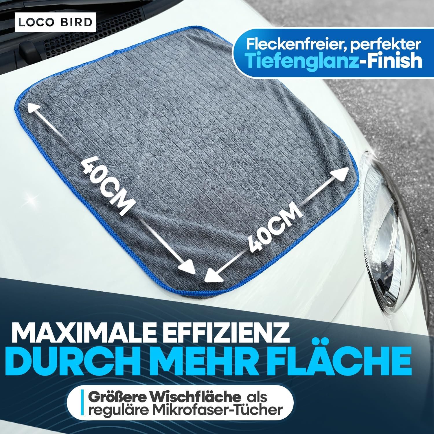 Loco Bird Microfasertücher in 380GSM - Auto & Haushalt fusselfreier Putztuch Bad Mikrofasertuch (40x40 cm, 6-tlg., Putztücher für Küche grau, Reinigungstücher - – Bild 4 von 5