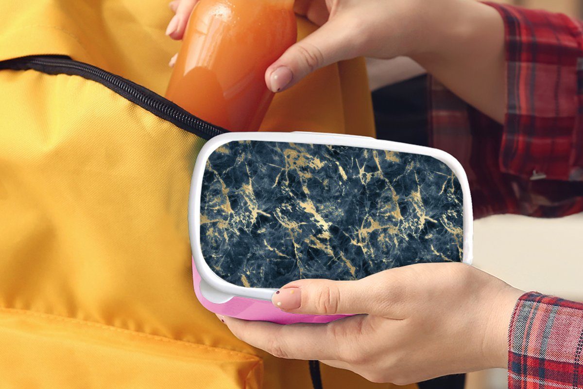 MuchoWow Lunchbox Gold Kunststoff Marmor Blau, (2-tlg), Muster für Snackbox, Kunststoff, Kinder, rosa Mädchen, - Brotdose - Erwachsene, - Brotbox