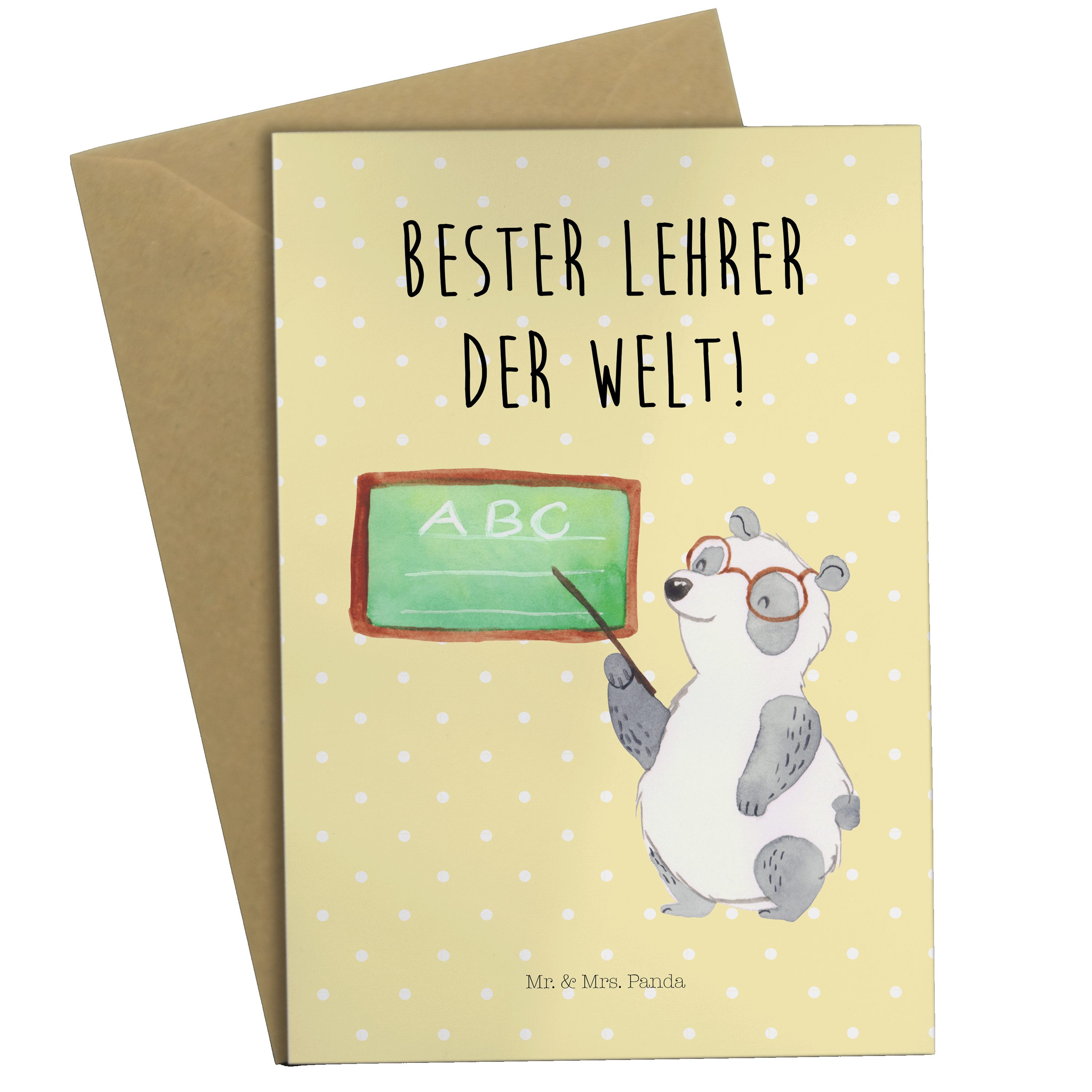 Mr. & Mrs. Panda Grußkarte Panda Lehrer - Gelb Pastell - Geschenk, Tiermotive, Tiere, Karte, Ein