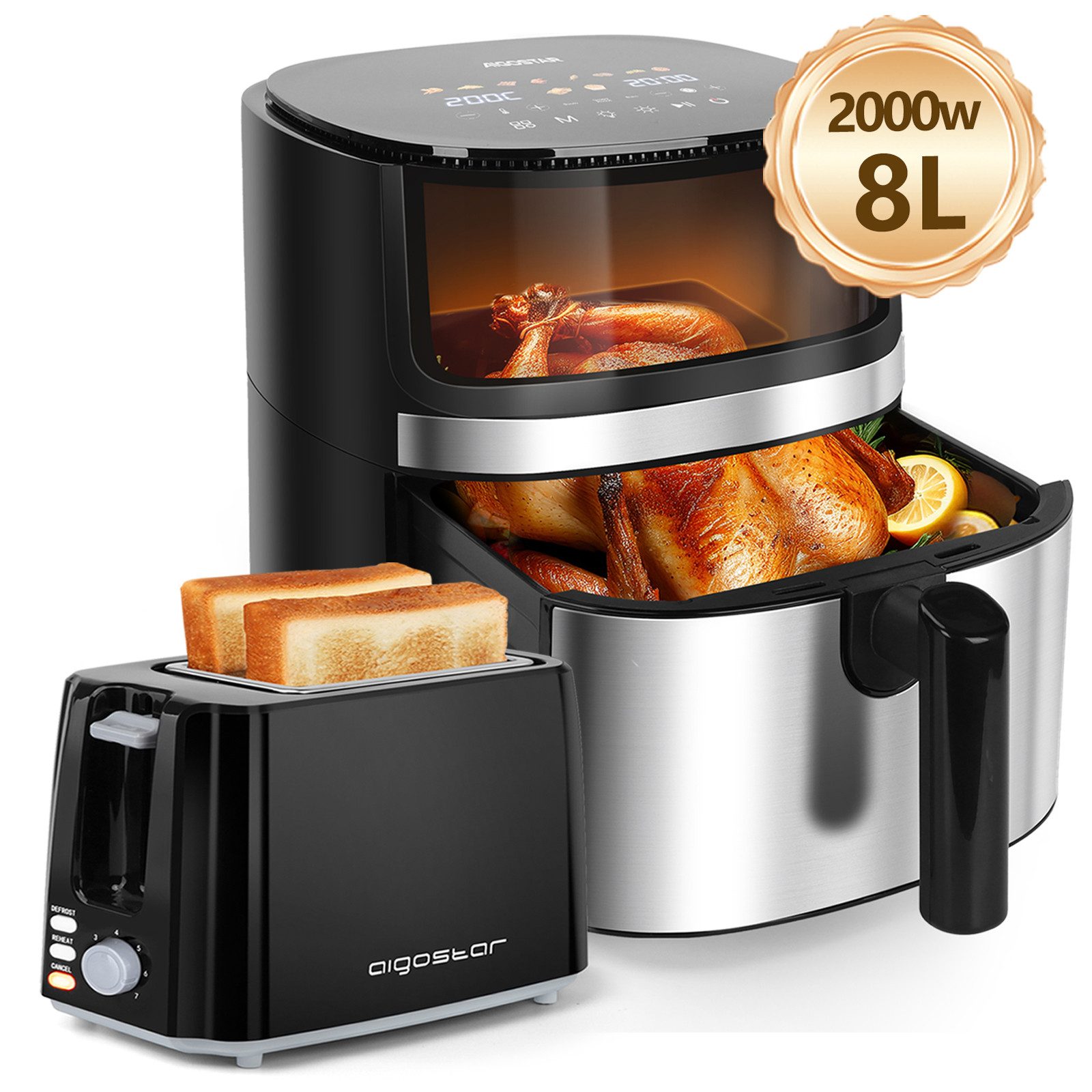 Aigostar Frühstücks-Set Heißluftfritteuse 7L 1900W + 2-Scheiben Langschlitz Toaster, Schwarz, 7 Programmen, Warmhalten, 20 Rezepte, 7 Einstellbare Bräunungsstufe