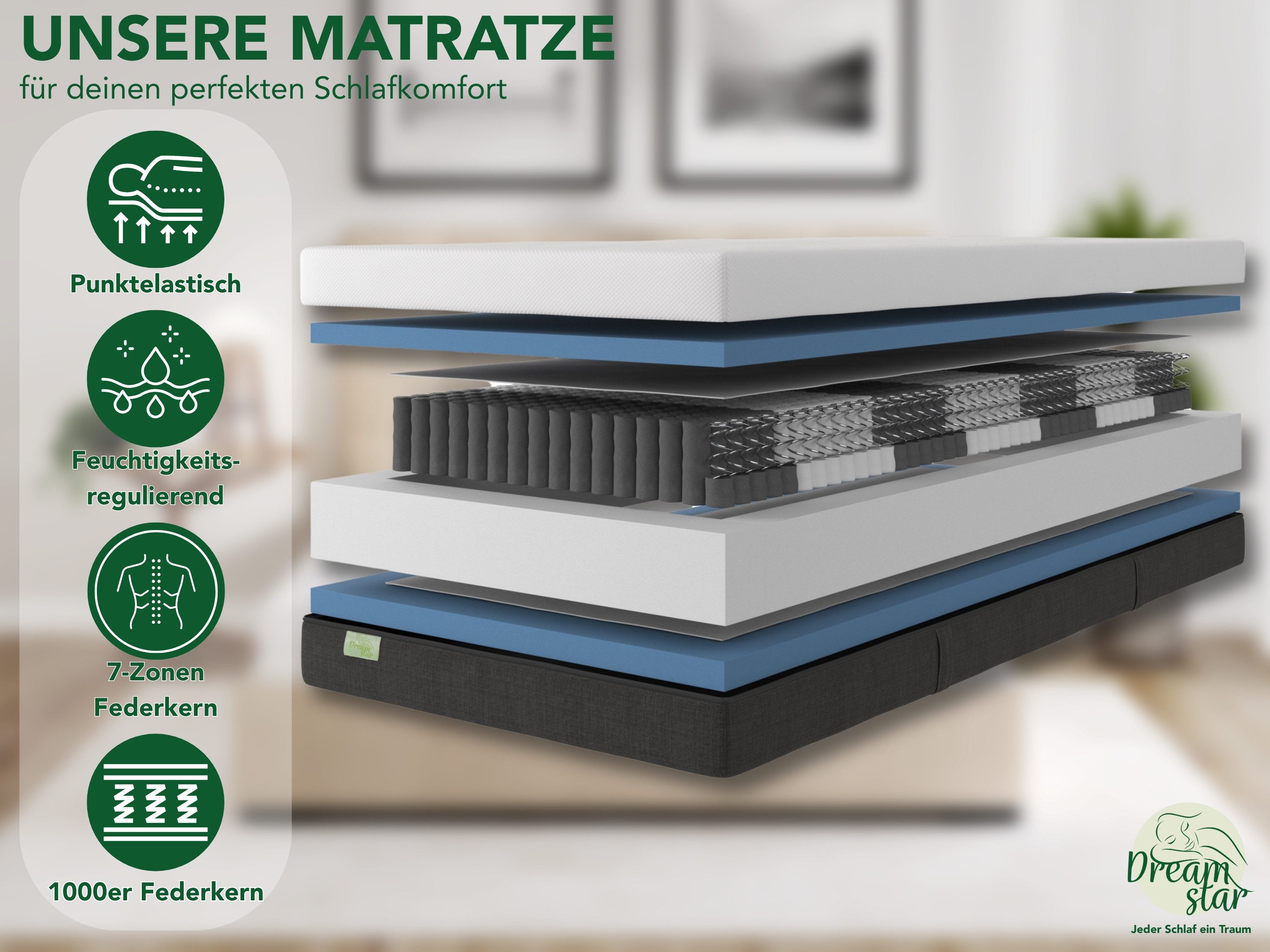 Taschenfederkernmatratze Premium, ergonomische 7-Zonen Federkernmatratze, H2/H3/H4, Dreamstar, 22 cm hoch, fester Liegekomfort für jede Schlafposition - atmungsaktiv