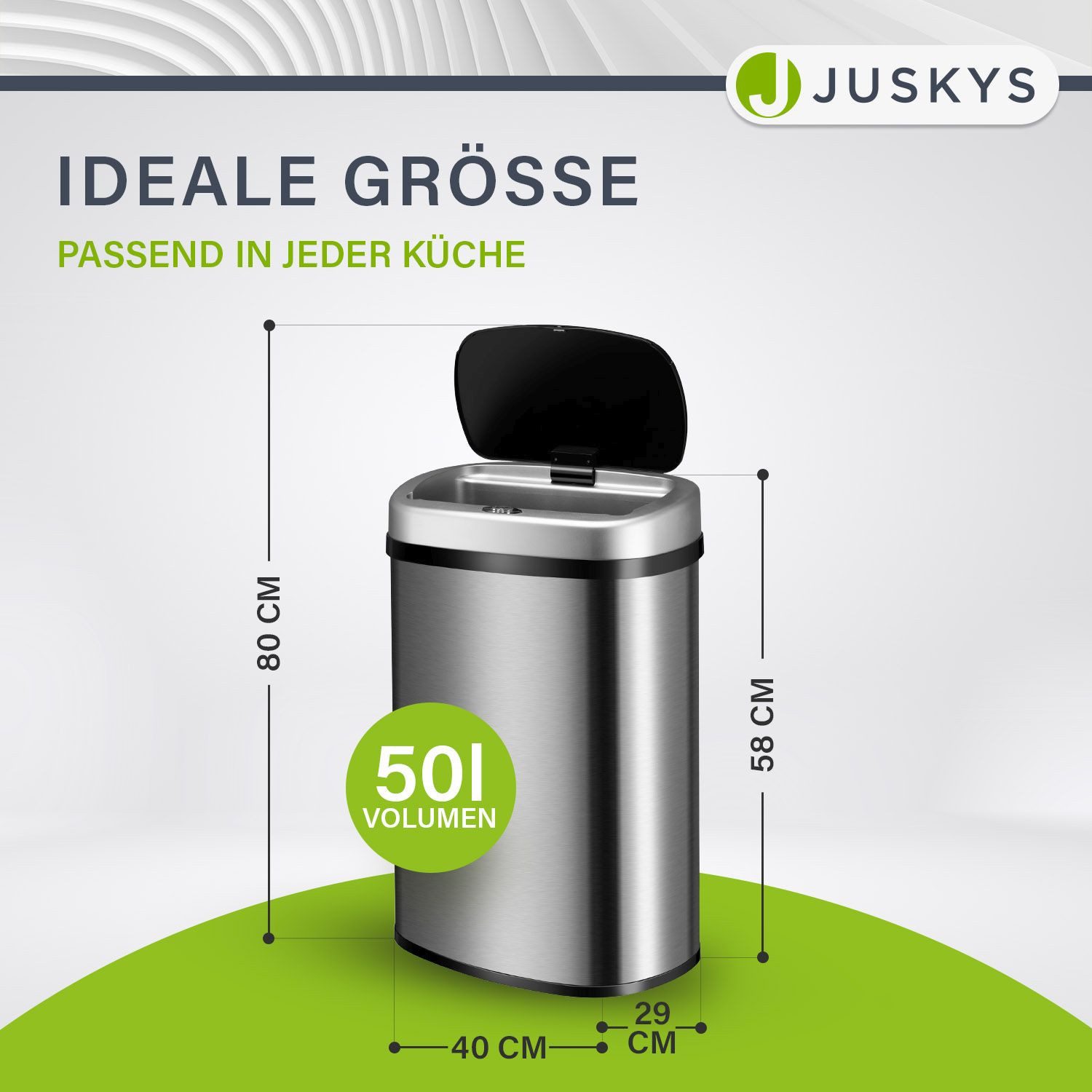 Juskys Mülleimer, 50 L, rostfrei, intelligenter Sensor, batteriebetrieben, geräuscharm