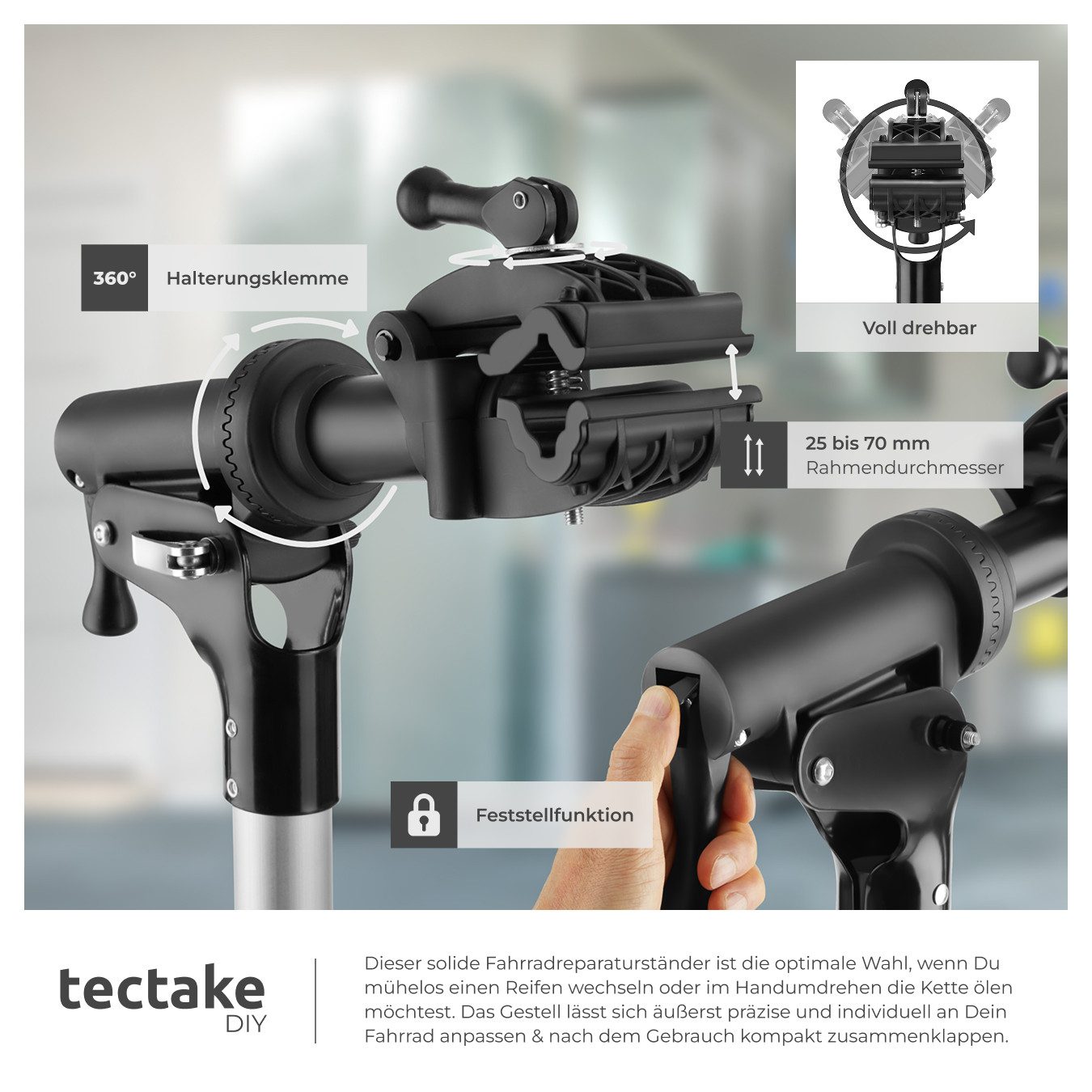 tectake Fahrrad-Montageständer Fahrrad-Set Reparaturständer Tristang, E-Bike geeignet (Komplettset, bis 50kg), bis 50kg, E-Bike geeignet