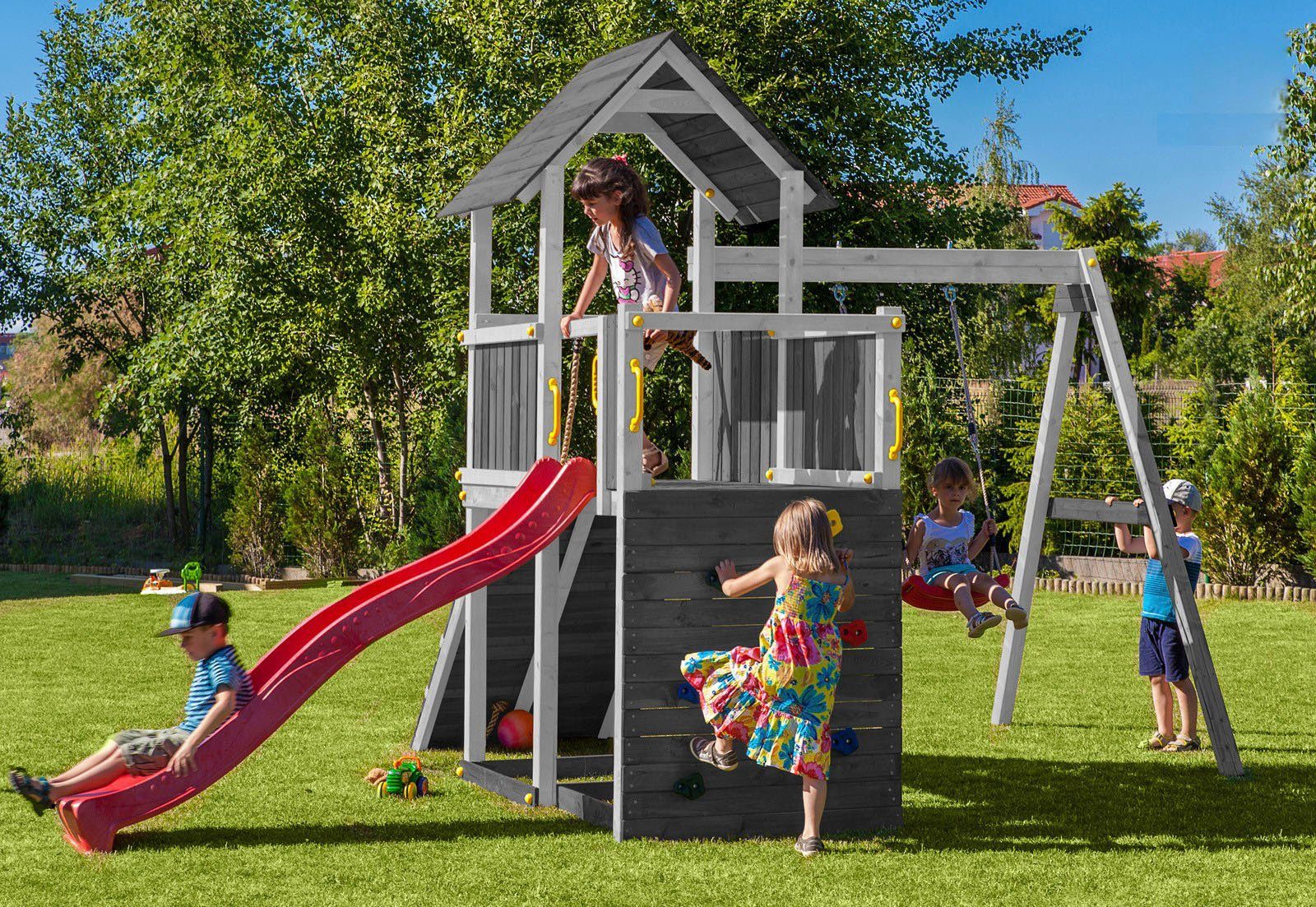 FUNGOO Spielturm CAROL 3 Grey White, mit Schaukel & Rutsche