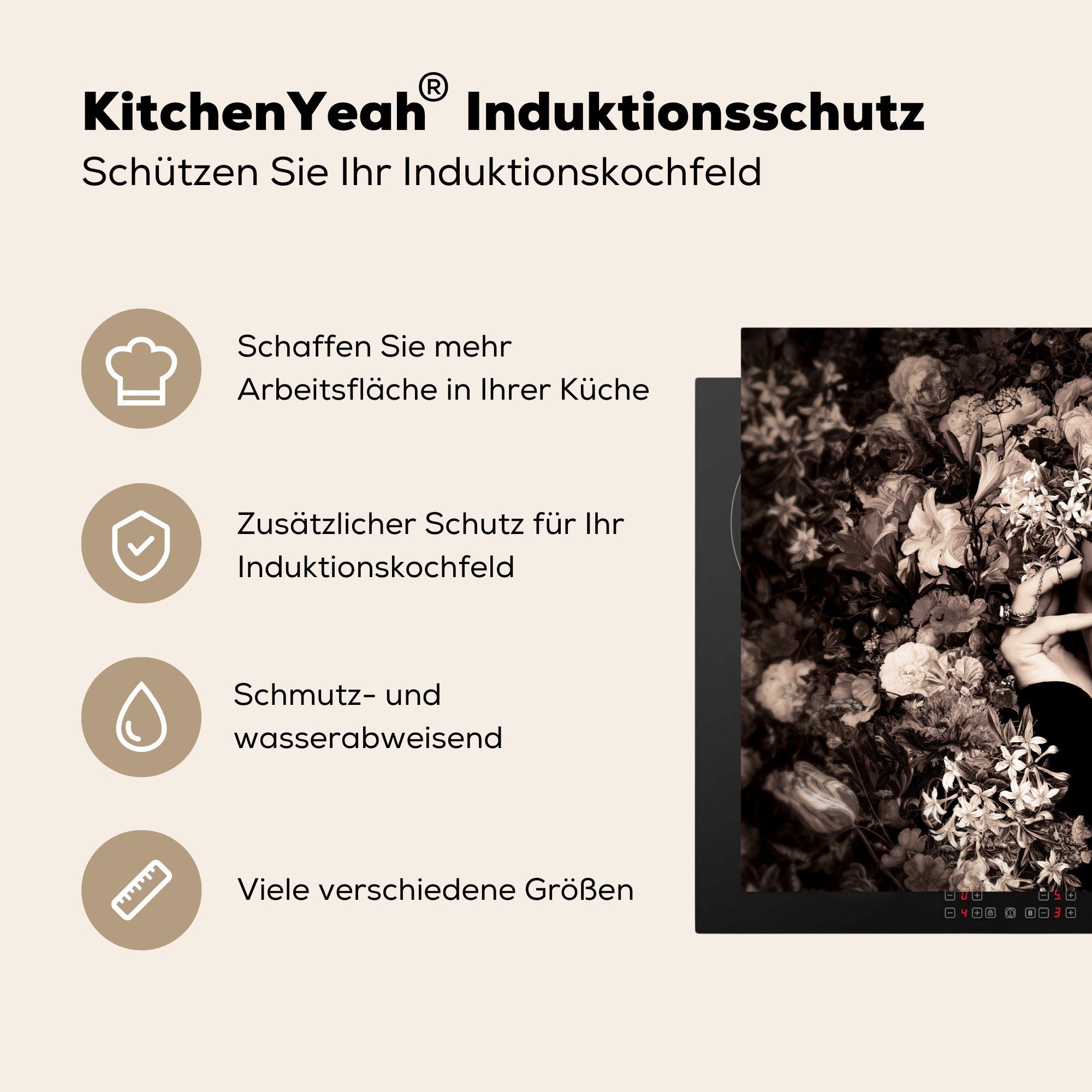 MuchoWow Herdblende-/Abdeckplatte Frau - tlg), - Vinyl, Blumen für cm, Natur, Botanisch küche - 81x52 (1 Arbeitsplatte Ceranfeldabdeckung