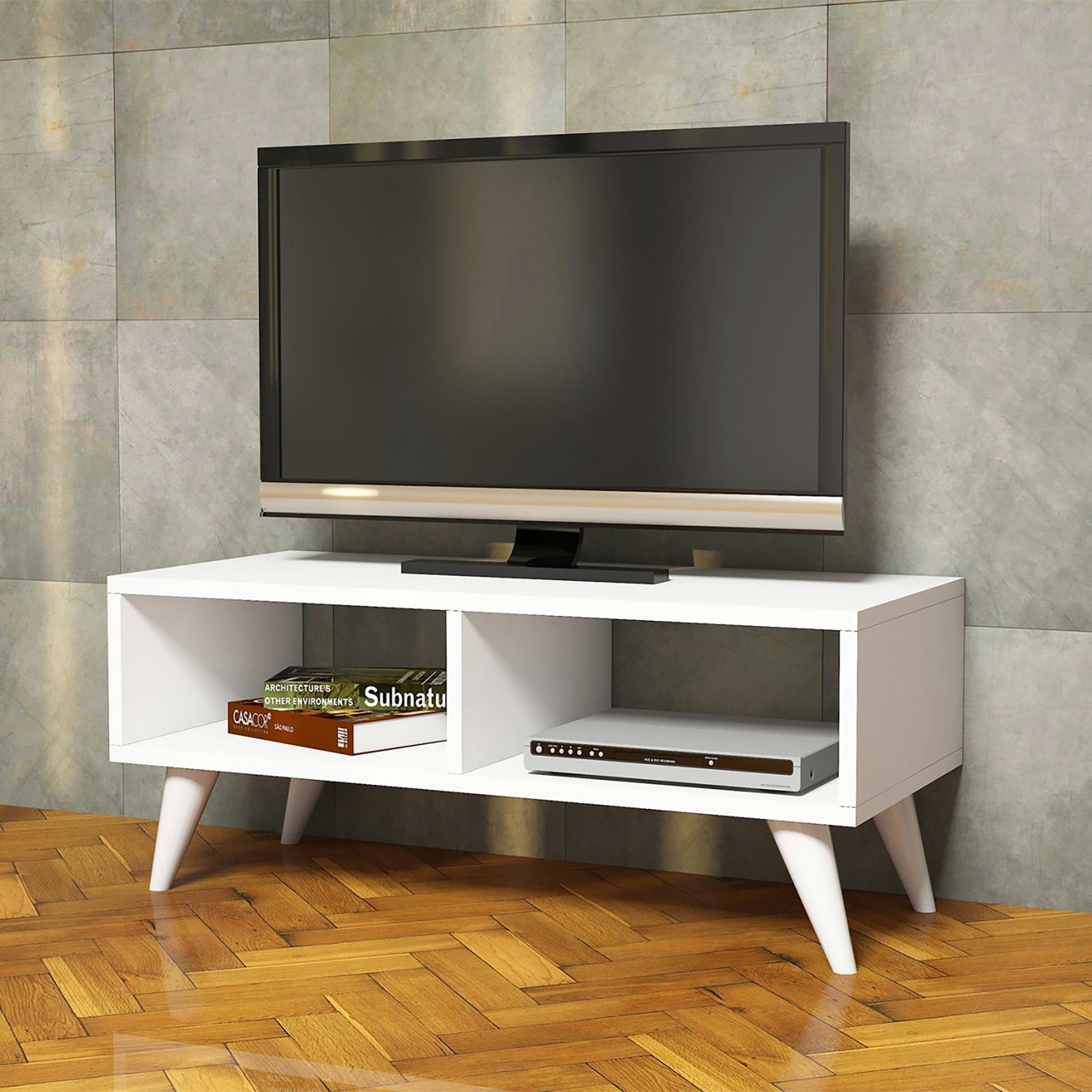en.casa TV-Schrank Board TV Lowboard 35x90x35cm, Weiß 2 Ablagen, Aaskov