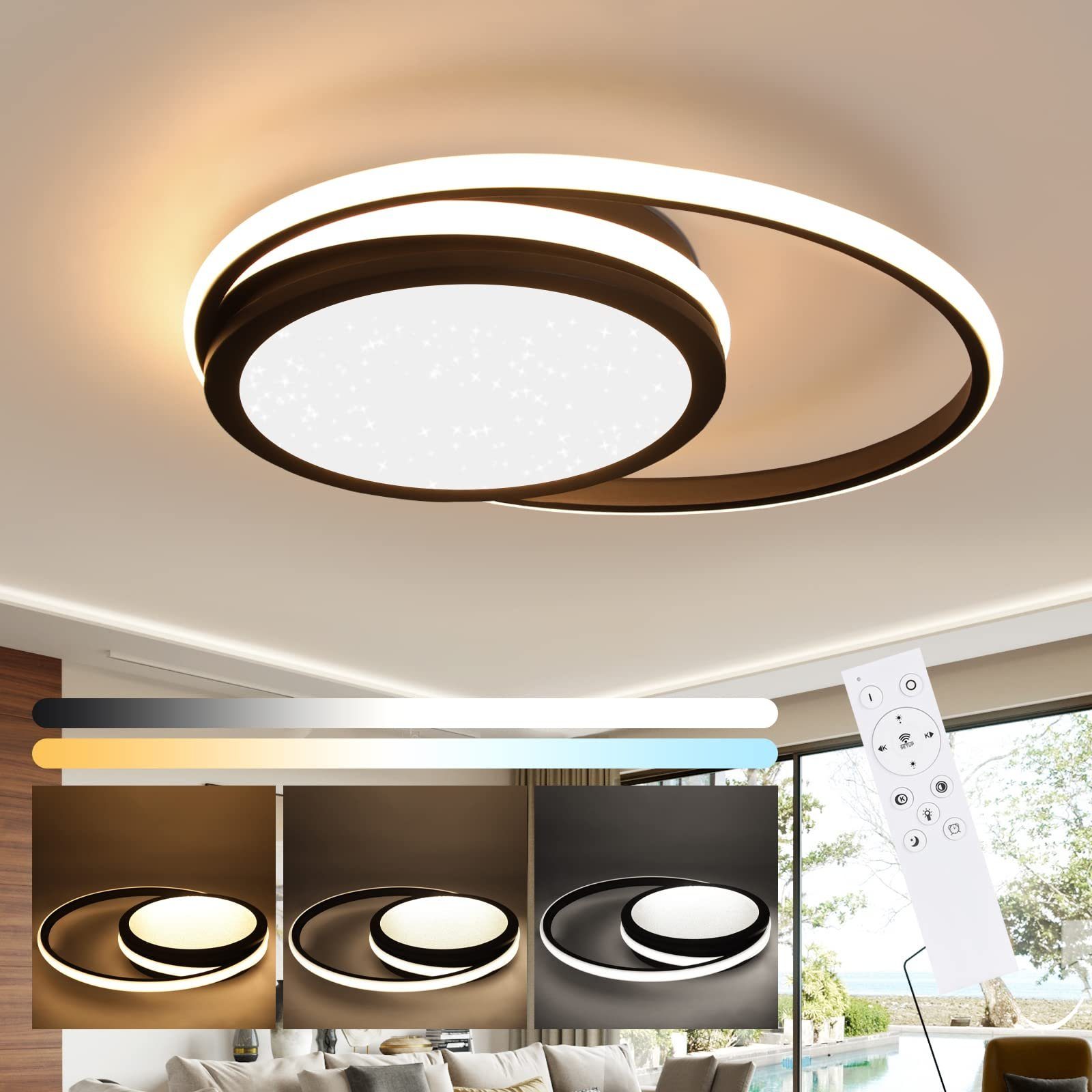 ZMH LED Deckenleuchte Modern 2-Ringe 56W mit Sternnenhimmel und Fernbedienung, LED fest integriert, warmweiß-kaltweiß, ‎Schwarz, Weiß