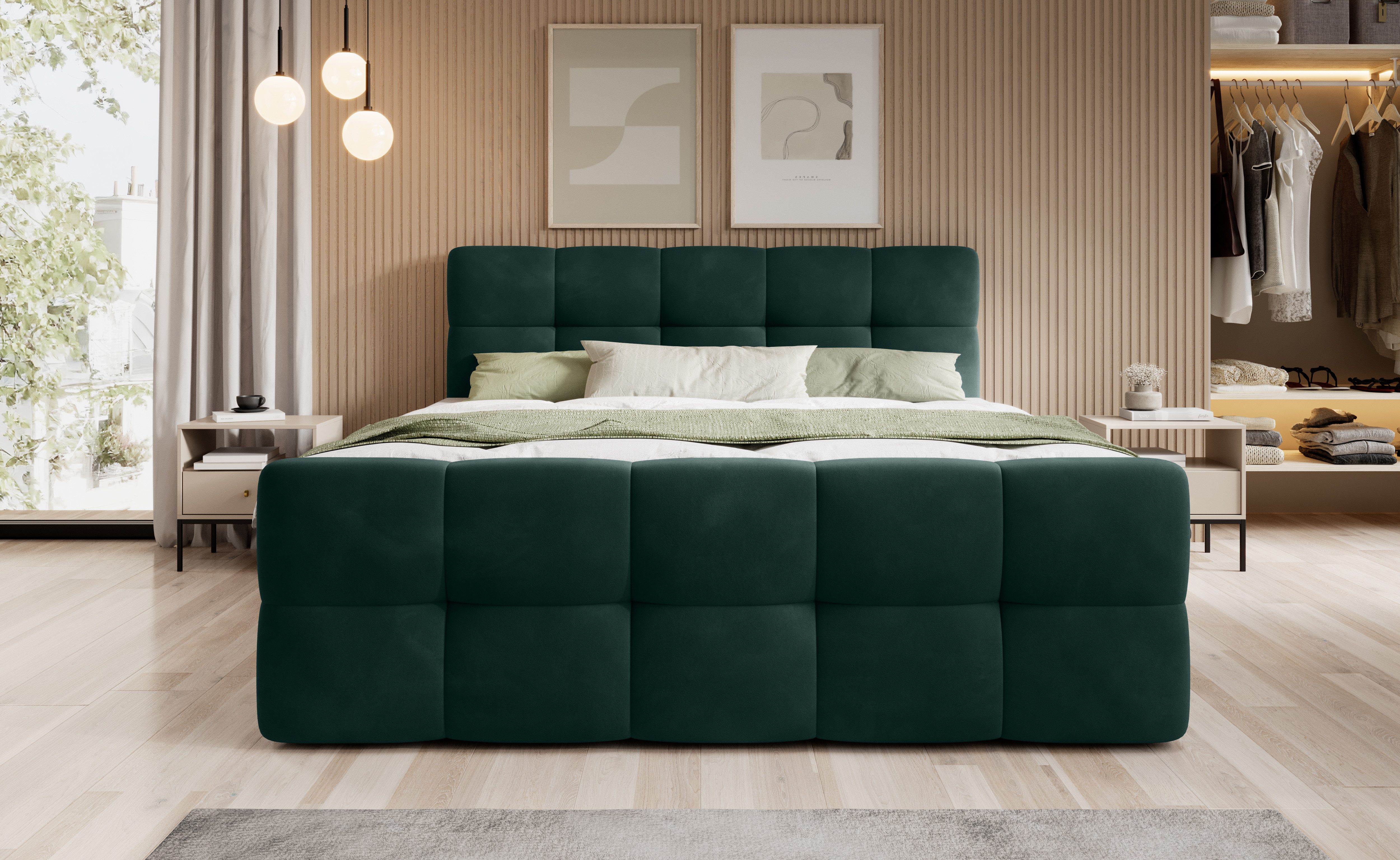 thematys Boxspringbett mit Bettkasten 140x200–200x200 cm – Velours oder Bouclé Bezug – (Polsterbett Bonnellfederkern Matratze H3 + Gratis 3cm Topper, Boxbett - Luxus Doppelbett mit Stauraum)