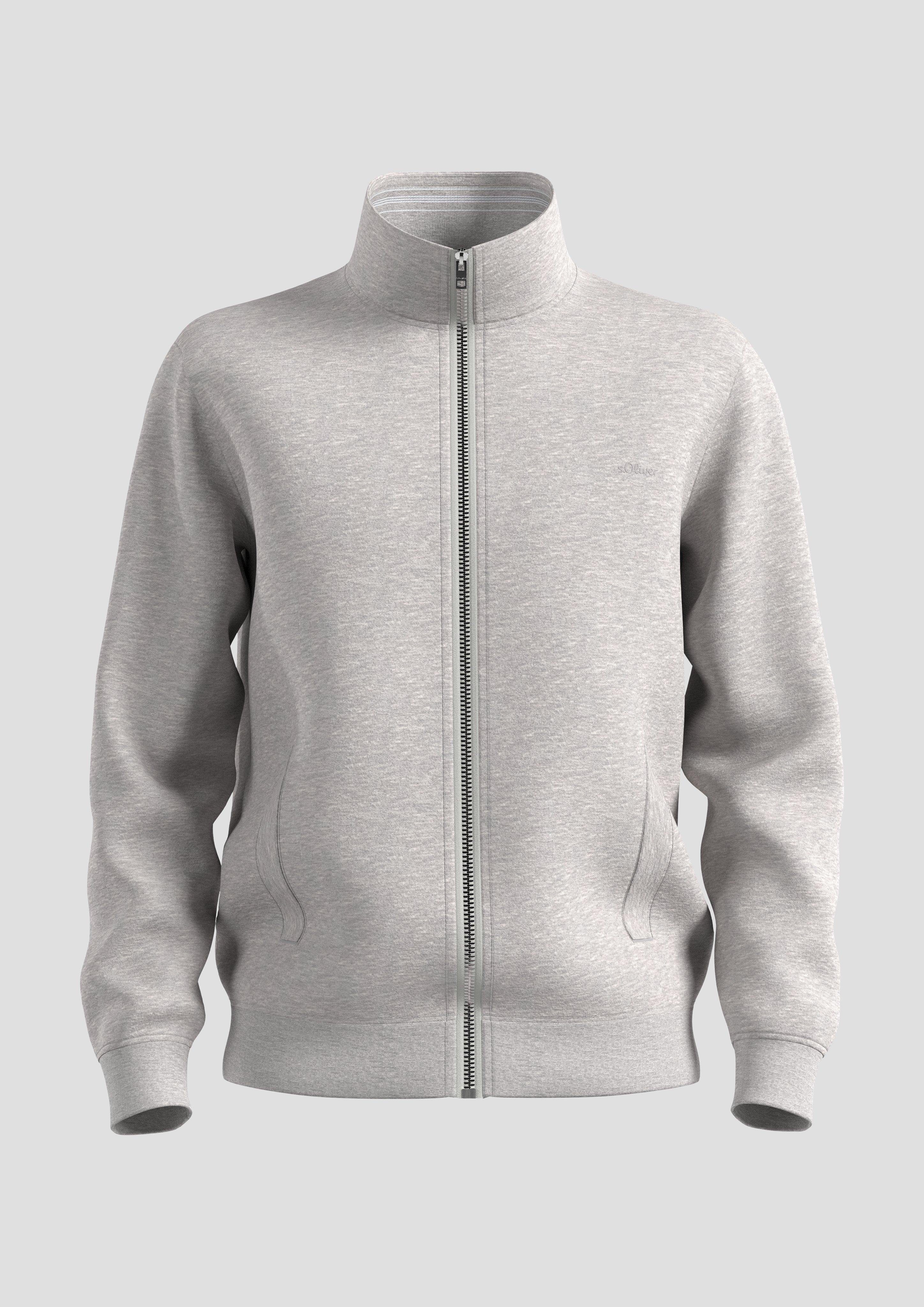s.Oliver Allwetterjacke Sweatshirt-Jacke mit Streifen-Detail Stehkragen Logo, grau meliert