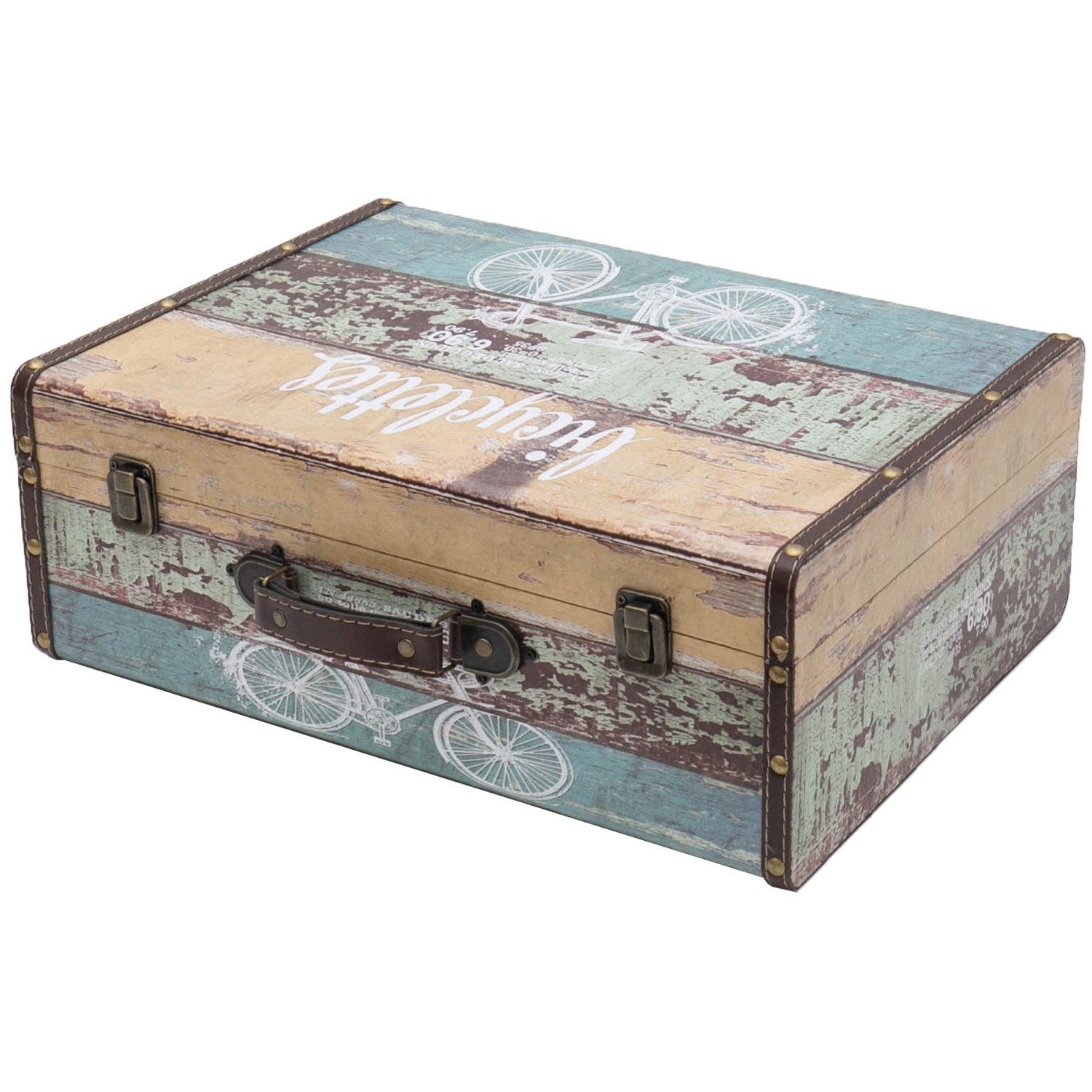 HMF Aufbewahrungsbox Vintage Koffer Holz, Aufbewahrungsbox mit Deckel und Ledergriff als, Geschenkidee für Hochzeit oder Geburtstag, Fahrrad, 44 x 32 x 16 cm