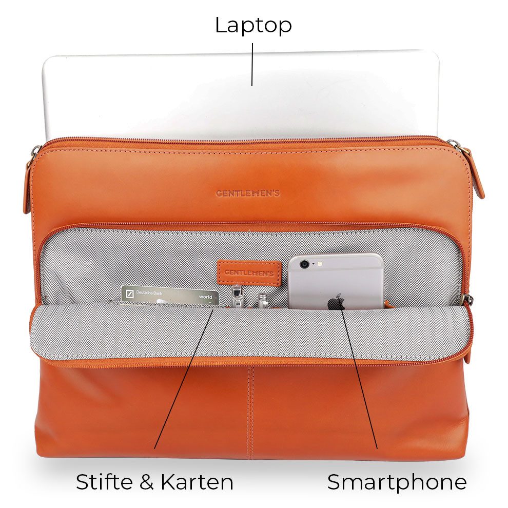 Gentlemen's Laptop-Hülle Laptopsleeve - Echtleder Laptophülle, 5 Fächer für Ladekabel, Tracker 14-16 Zoll, Für 14 und 16 Zoll
