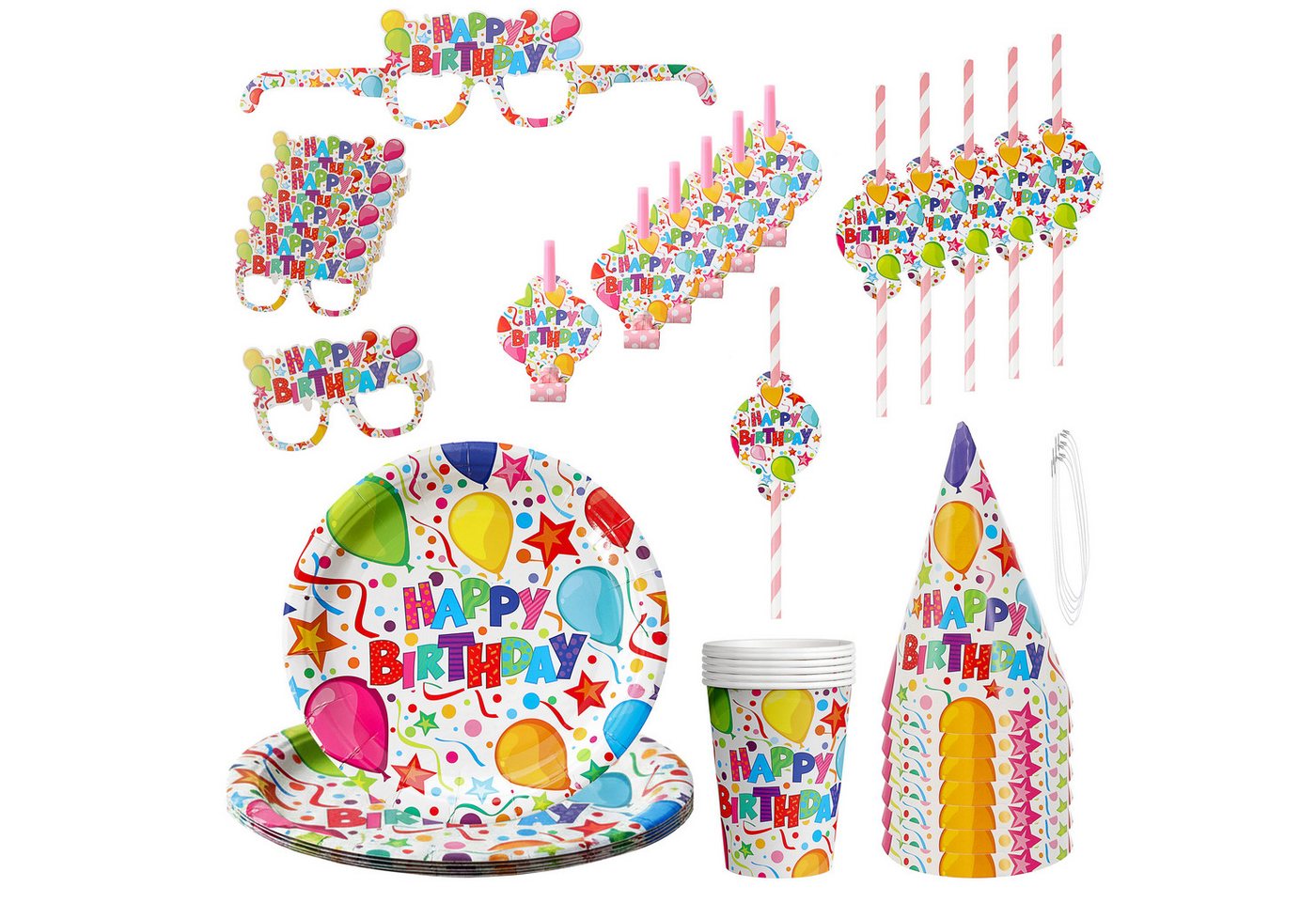 CEPEWA Einweggeschirr-Set PartySet Happy Birthday 36tlg Becher Teller Strohhalm Brille Hut Tröte