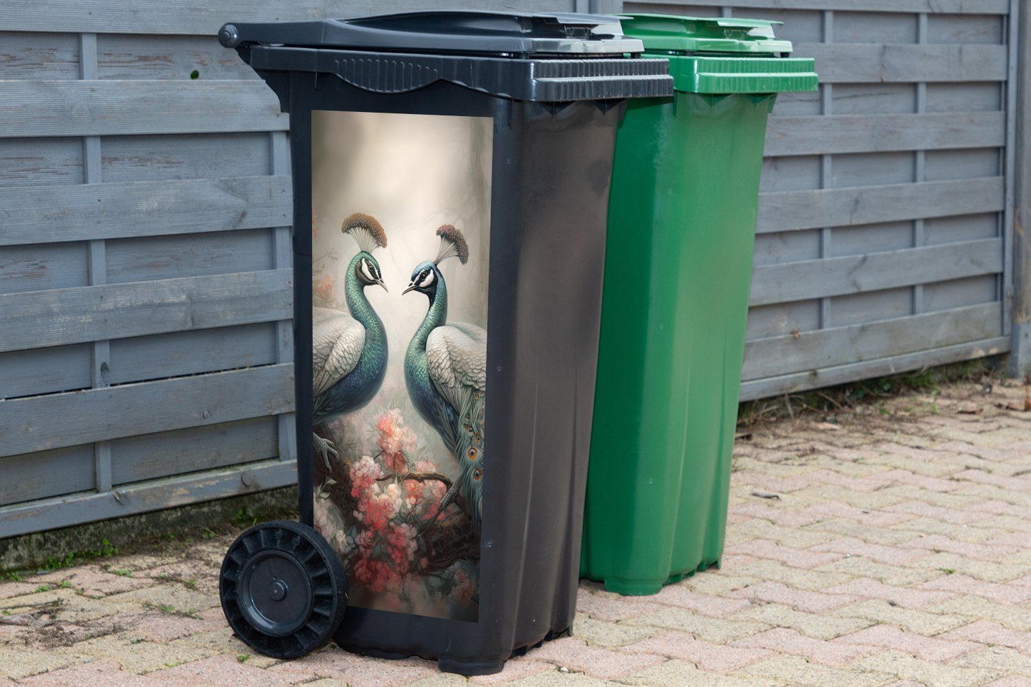 Abfalbehälter Pfauenfedern - Sticker, Pfaue Container, St), Mülleimer-aufkleber, Natur - Mülltonne, MuchoWow - Wandsticker (1 Vögel