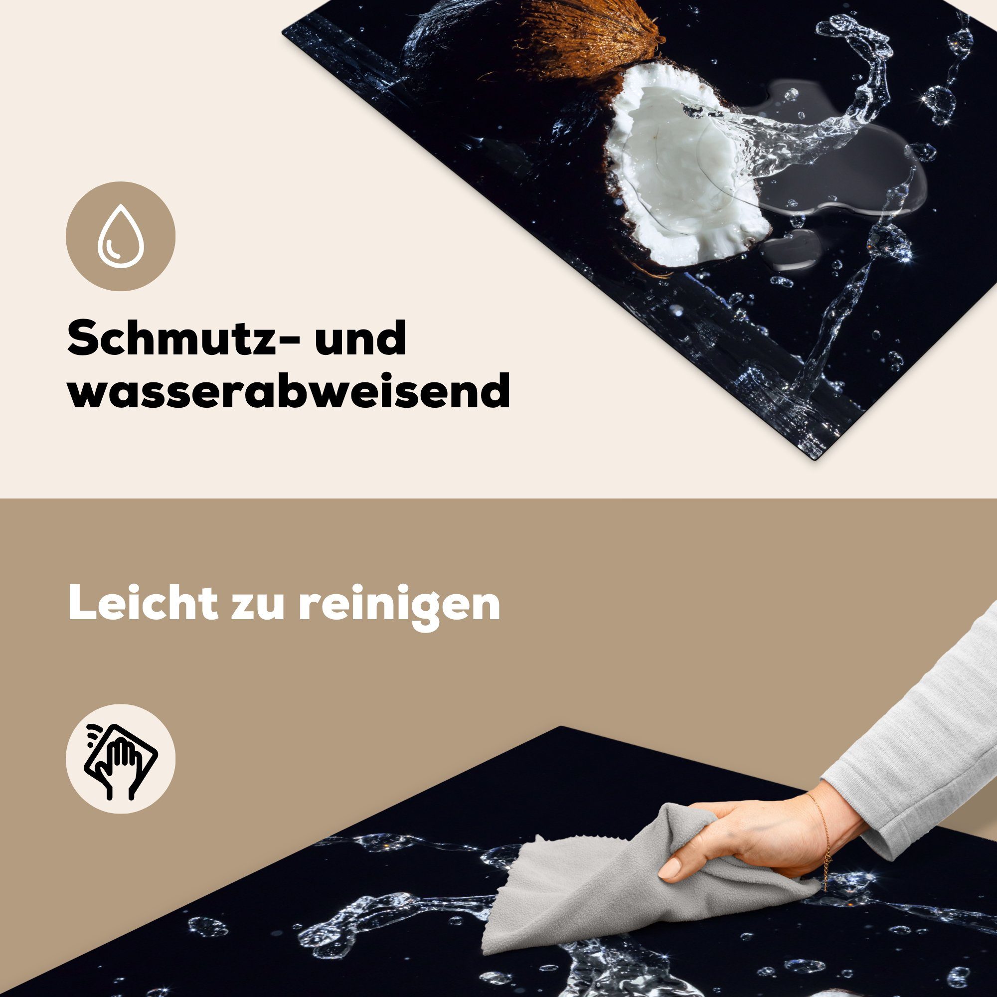 MuchoWow cm, tlg), küche, Herdblende-/Abdeckplatte - Vinyl, Schutz Frucht, 81x52 Induktionskochfeld die Kokosnuss Stilleben Schwarz für Wasser - (1 - Ceranfeldabdeckung -