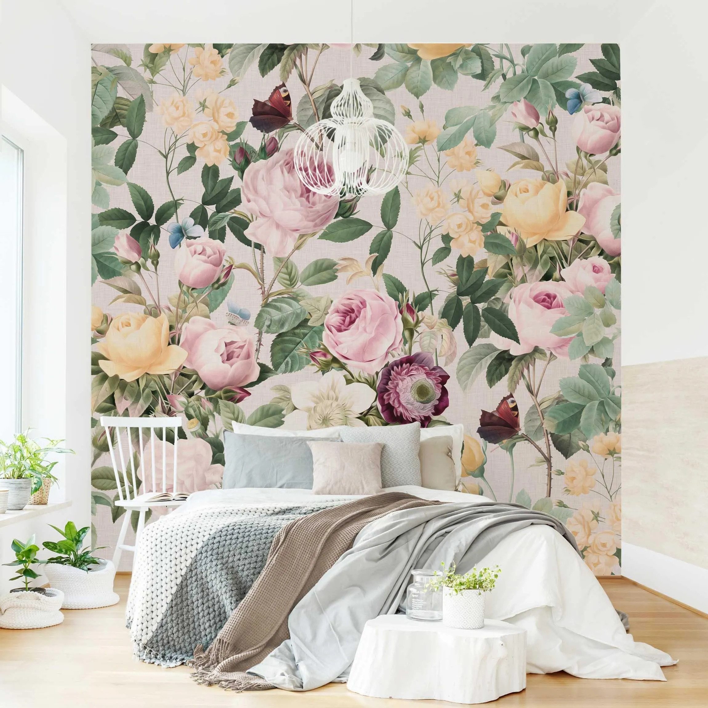 Bilderdepot24 Vliestapete Vintage Blumen Illustration XXL Floral Natur Muster Rose Rosa Gelb, Glatt, Matt, (Vliestapete inkl. Kleister oder selbstklebend), Wohnzimmer Schlafzimmer Küche Flur Fototapete Motivtapete Wandtapete