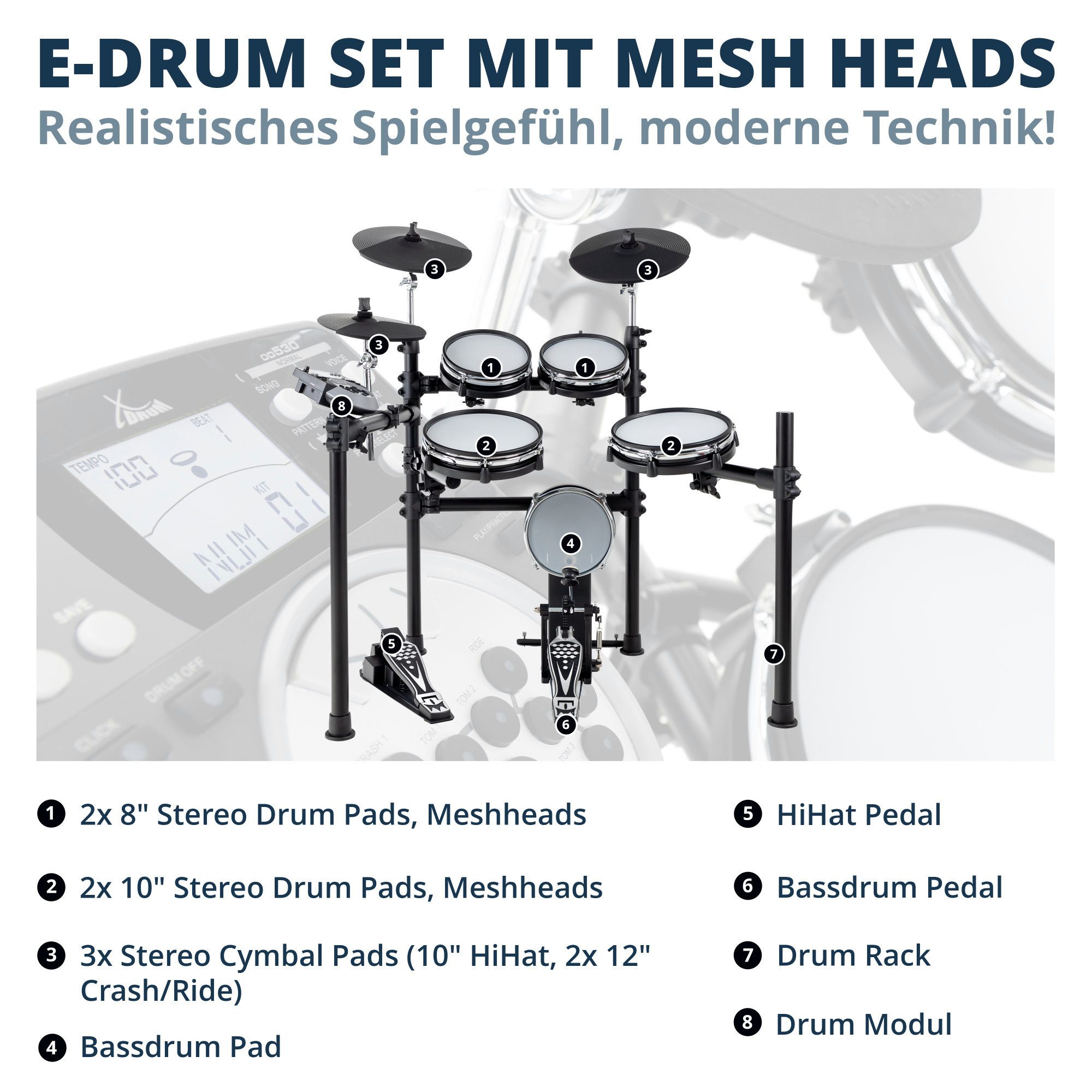 XDrum E-Drum DD-530 E-Drum mit Mesh Heads inkl. Hocker Set, 13-St., USB MIDI, 45 Drumkits, 400 Sounds und Lernmodus