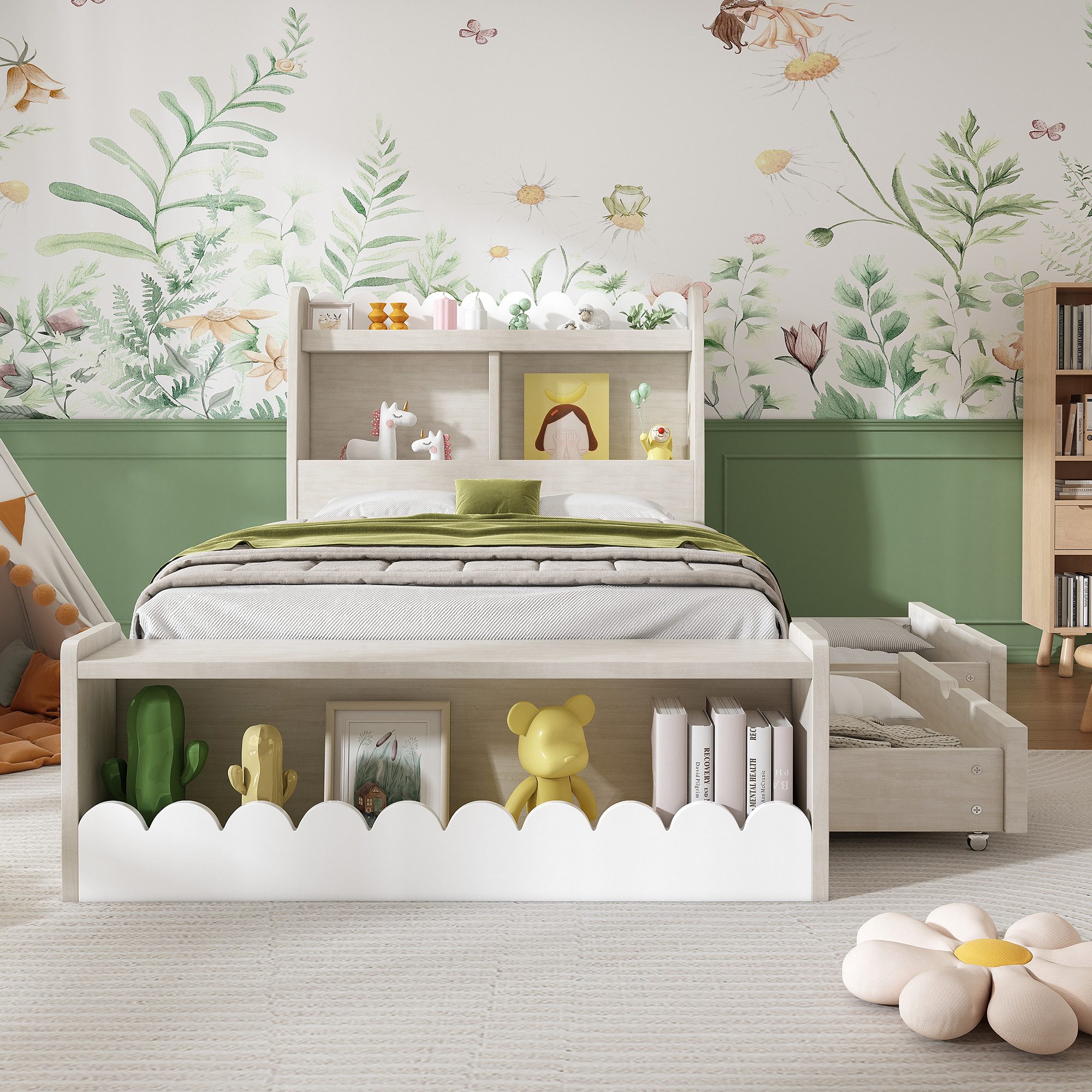 Flieks Kinderbett, Massivholz Einzelbett Stauraumbett 90x200cm mit 2 Schubl günstig online kaufen