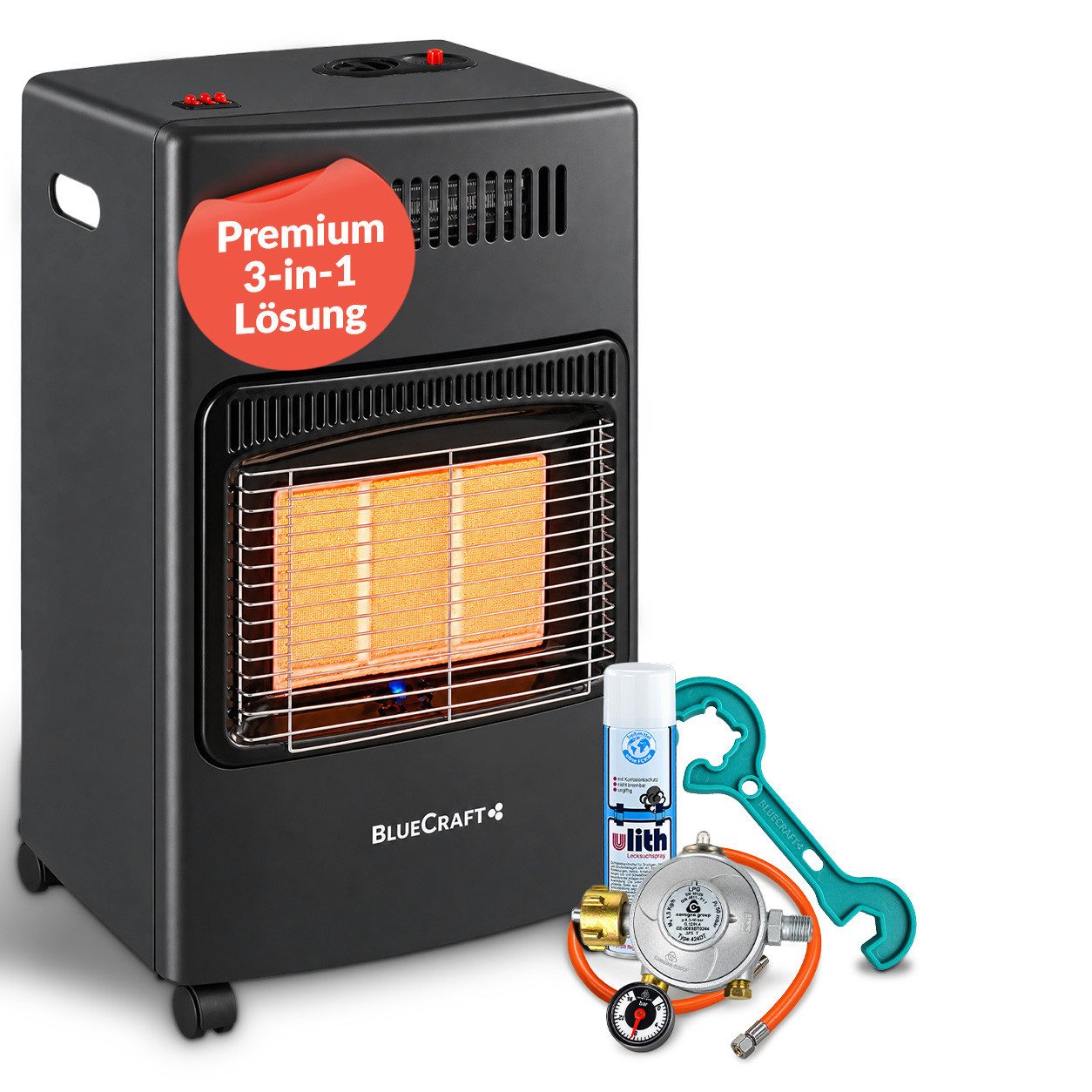 BlueCraft Heizstrahler 3-in-1 Gasheizer Infrarot Gasofen Campingheizung Keramik, 4200 W, Gasregler für den INNENBEREICH Gas-Heizung Elektroheizung